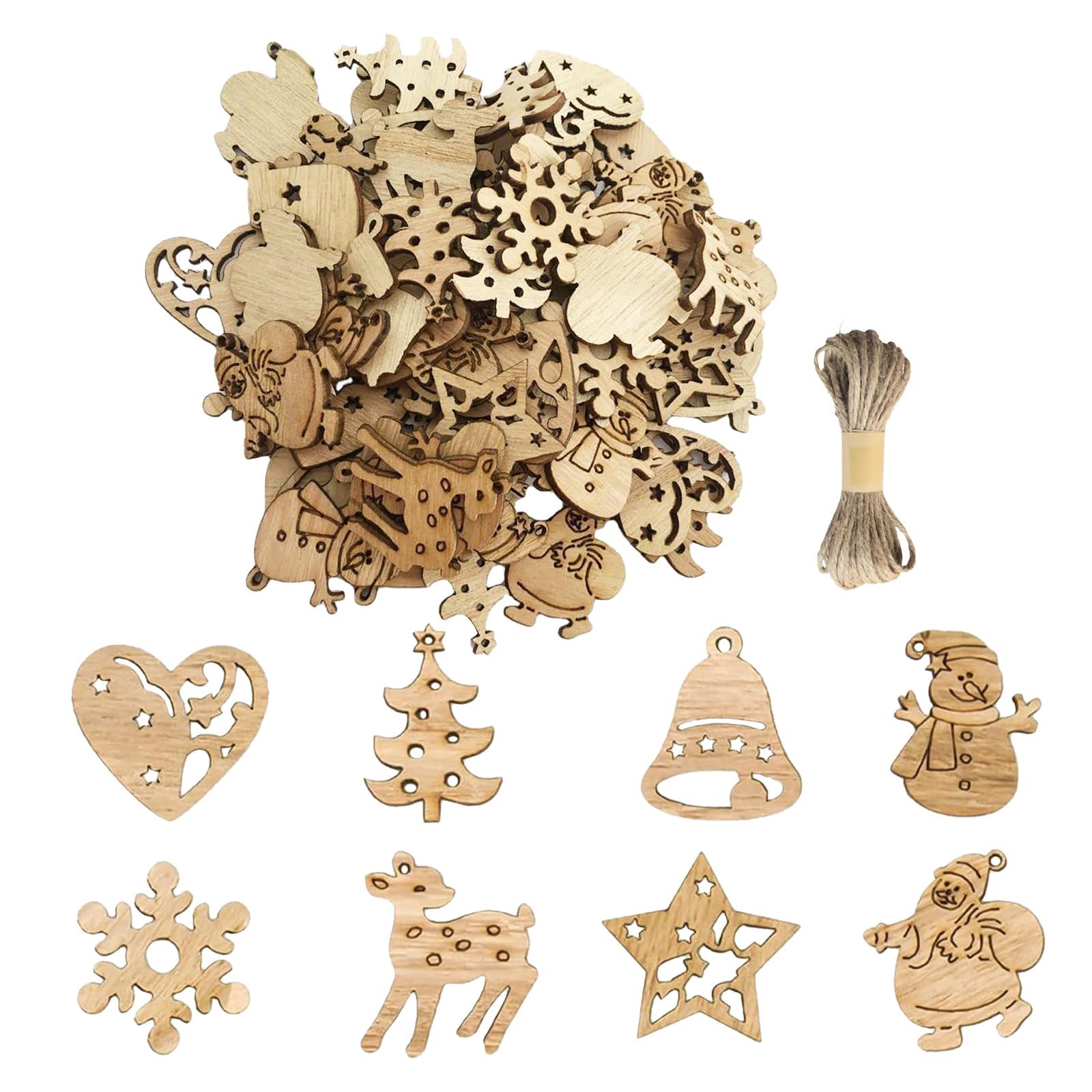 Youery 200 Piezas Adornos Navideños de Madera, Decoraciones para Árboles de Navidad, Mini Adornos Colgantes para Árboles de Navidad, DIY Madera Colgante Adornos, Ornamentos de Navidad