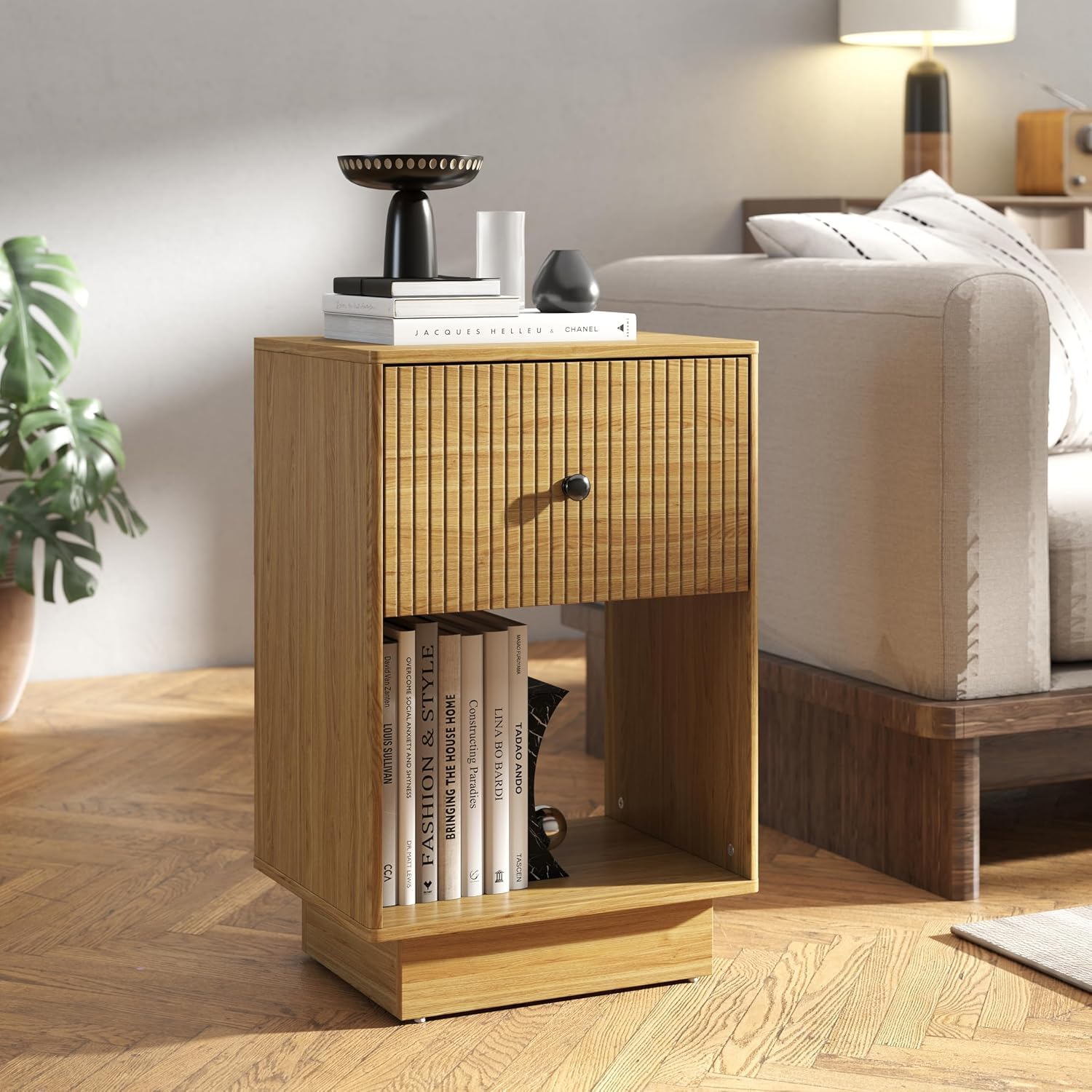 Table de Chevet, Moderne Table de Nuit Bois avec Tiroirs de Rangement et Compartiment Ouvert, Scandinave Table d'appoint pour chambre à Coucher, Salon, Burea, Petite Table de Chevet Haut (Chêne)