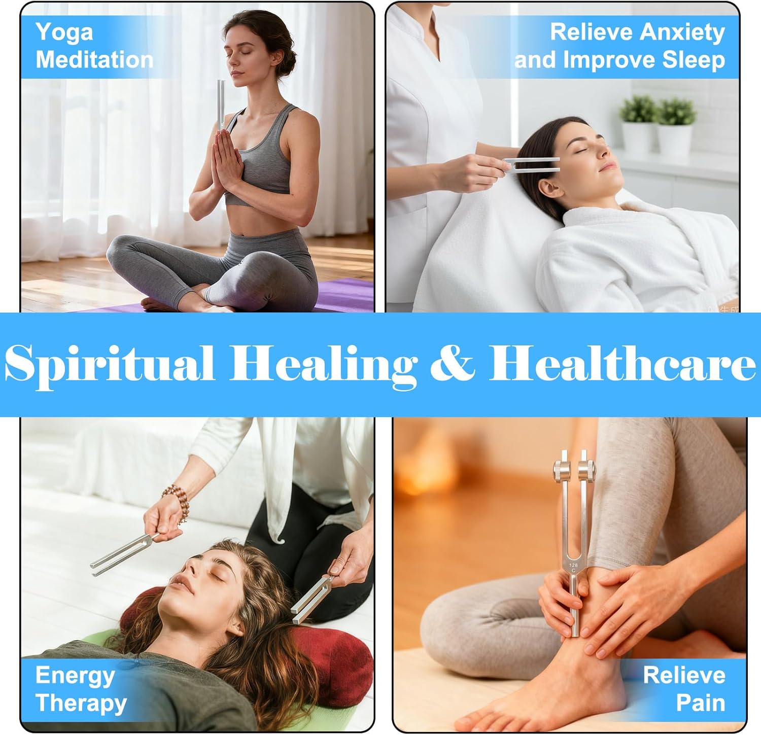 Tuning Forks for Healing Set - 128Hz, 136.1Hz, 256Hz, 384Hz, 528Hz Weighted & Unweighted Tuning Forks for Stress & Sleep, Mental Focus, Relaxation, Include Activator & Pouch, Rubber Mallet