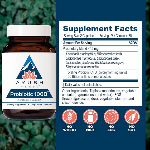 Ayush Herbs Probiotic 100B, Probiotics for Women, 60 Vegetarian Capsules