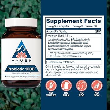 Ayush Herbs Probiotic 100B, Probiotics for Women, 60 Vegetarian Capsules