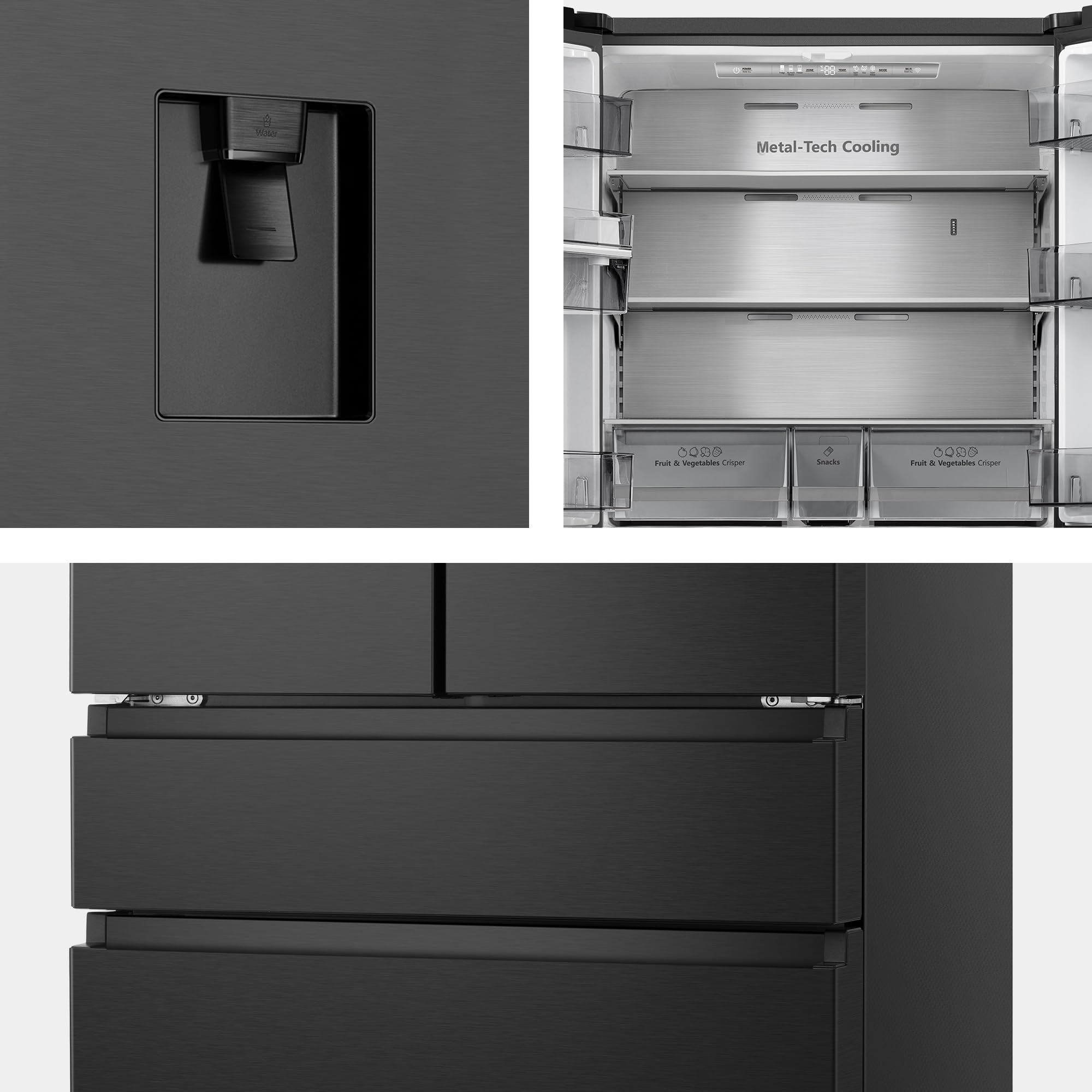 Hisense RF749N4SWFE - Frigorífico Americano Puerta Francesa Total No Frost, 579L,179cm, Metal-Tech Cooling, My Fresh Choice, Multi Airflow, Dispensador Agua con Depósito, Inverter, WiFi, Dark Inox