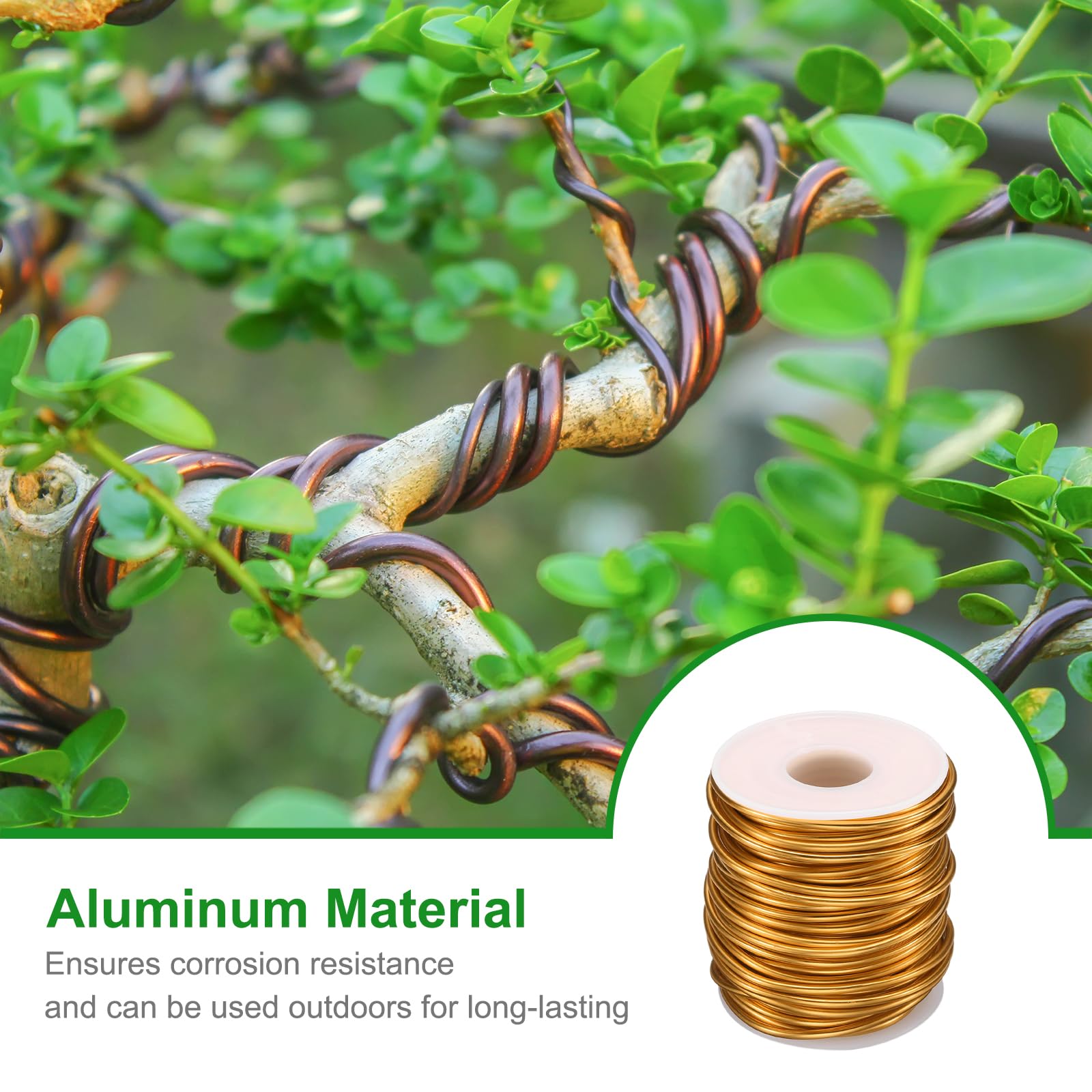QUARKZMAN Alambre de Entrenamiento de Bonsái de Aluminio Anodizado en Rollo de 2.5Mm/10 Gauge y 20M de Longitud Alambre Bonsái Flexible para Jardín, Paisajismo, Plantación, Dorado
