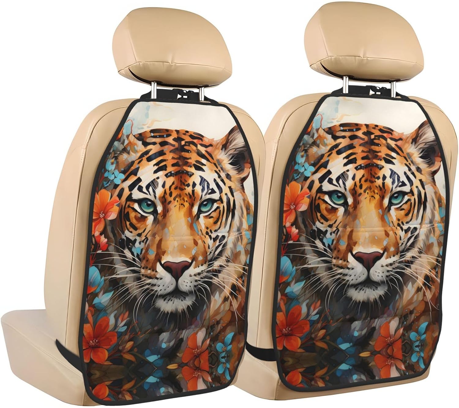 Car Seat Back Kick Protector 2 Pack 18.5x26.4 Inch, Watercolor Tiger Floral Anti-Kick Pad, Waterproof Oxford Fabric Large Rear Seat Cover for Kids Pets Fits SUV Jeep Truck Sedan