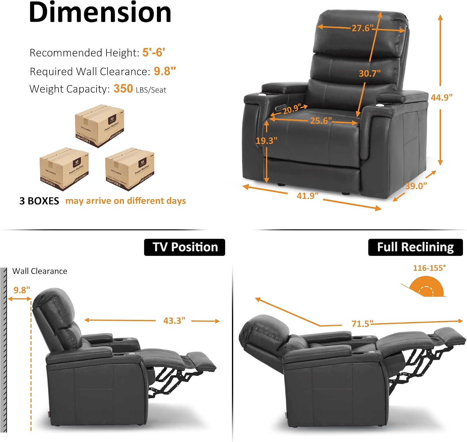 MCombo Triple Motors Power Recliner Chair with Power Headrest & Lumbar Support for Living Room, Home Theater Seating with Armrest Storage, Tray Table and Dual Charging Ports HTS708 (Grey)