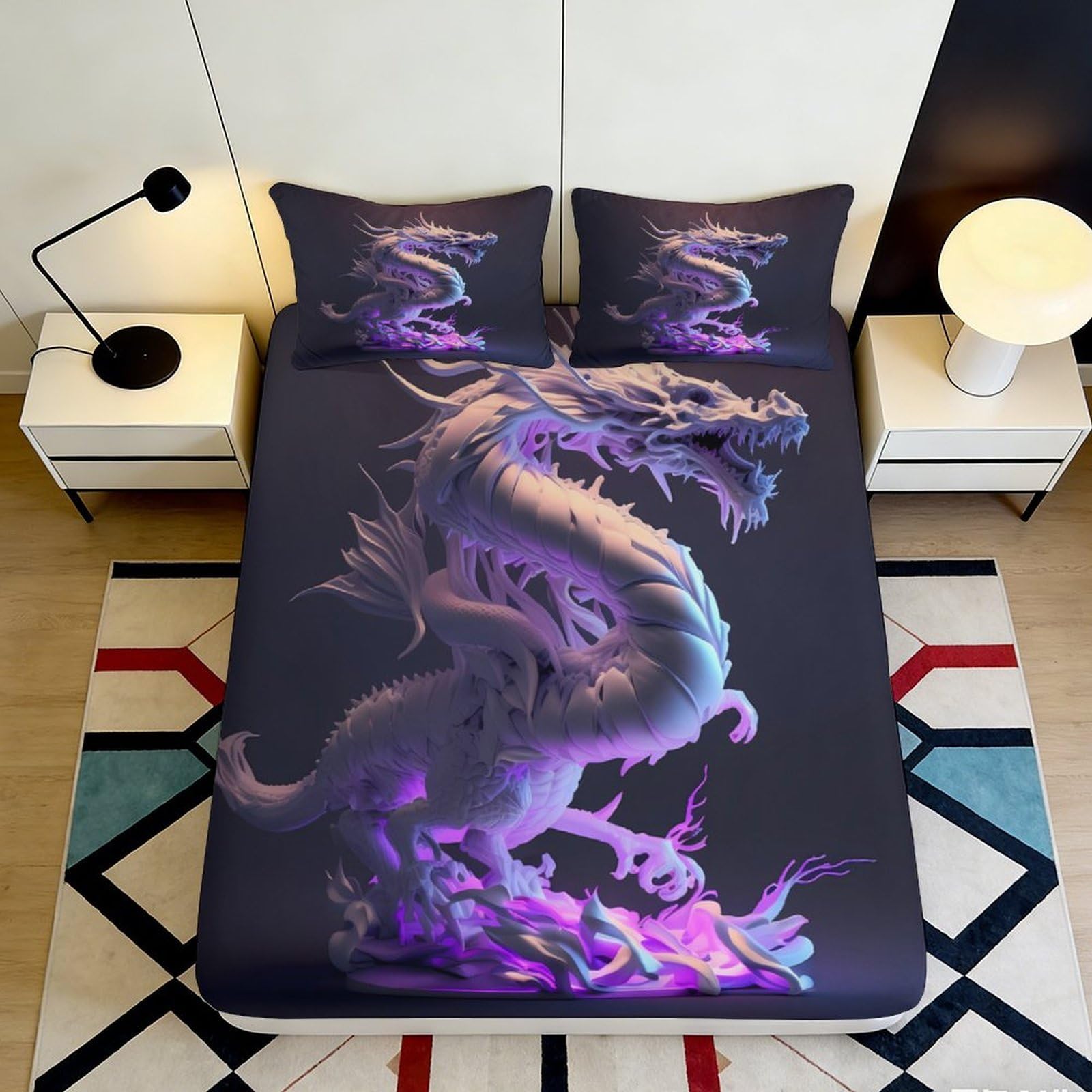 Jqzkxnhpbr Style-3 3D Printed Purple Dragon Fitted Sheet Microfiber Soft Black Flame Bed Cover For Bedroom Dorm Decorative Protection 90X200x25cm