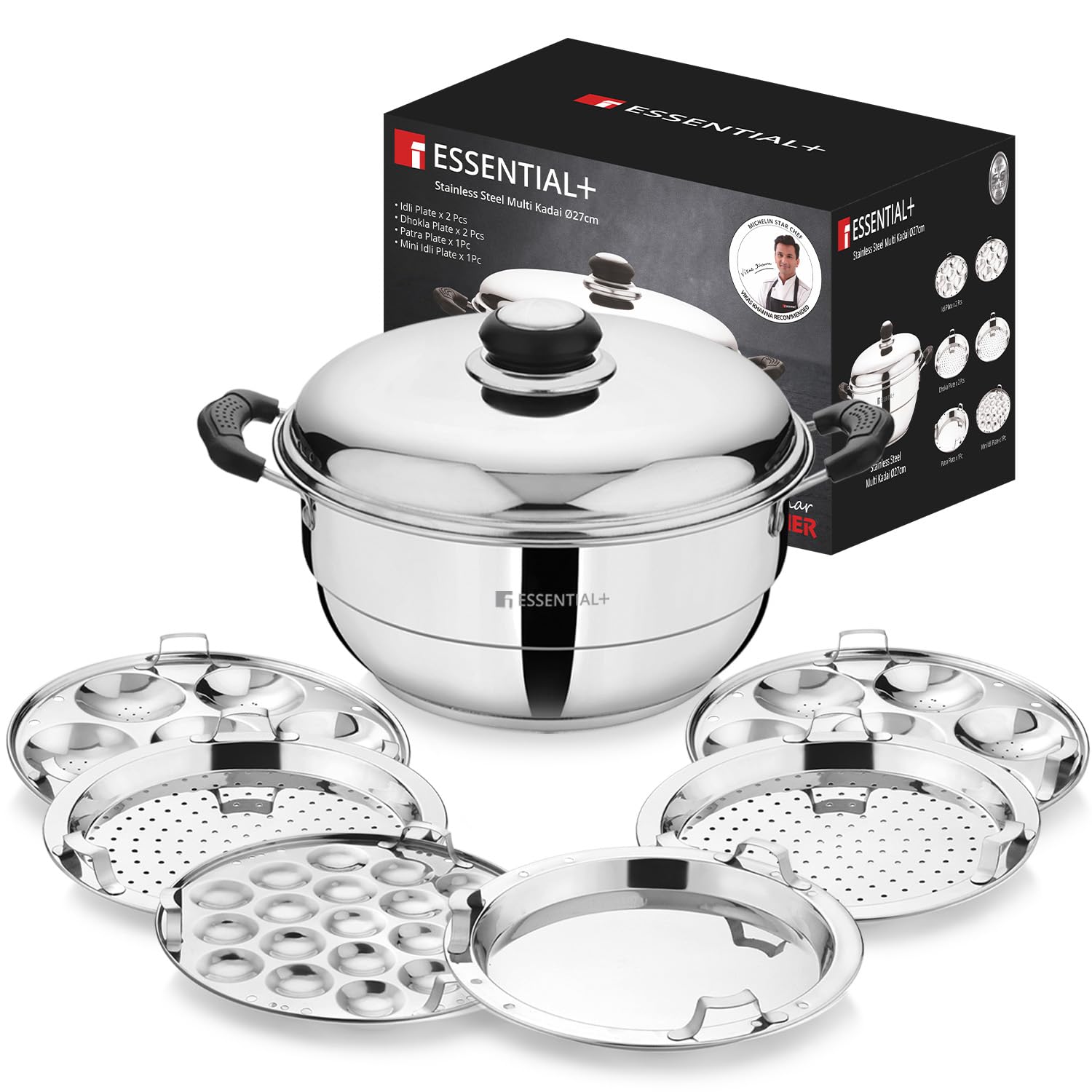 Essential Plus Stainless Steel 7 Pcs Multikadai 27cm, 2 Idli Plates, 2 Patra Plates, 1 Dhokla Plate and 1 Mini Idli Plate, Idli Maker Steamer, Easy to Clean - Induction and Gas Stove Ready-picture-50