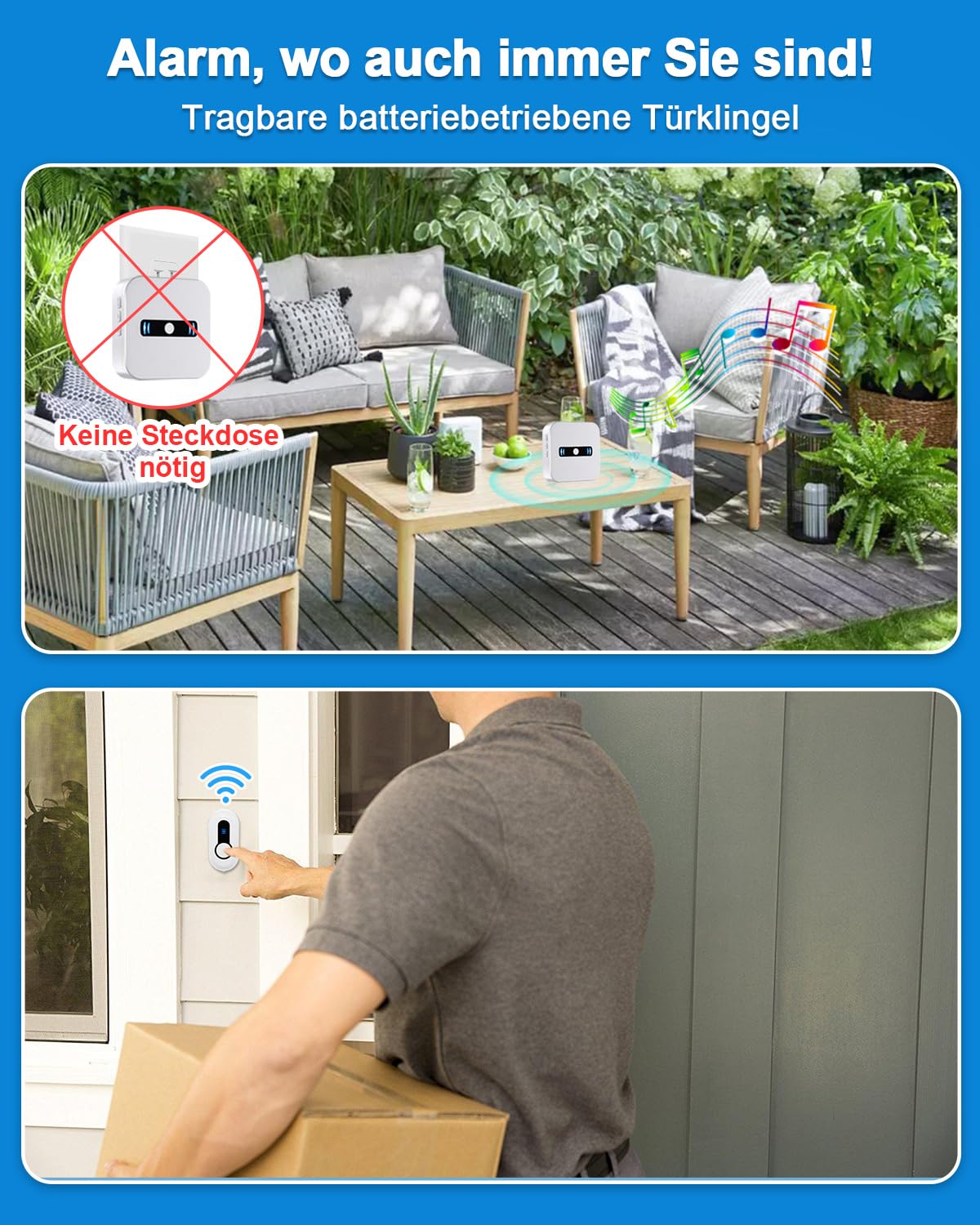 SanJie Sonnette sans fil, Sonnette sans fil fonctionnant sur piles, Sonnette sans fil étanche IP55 pour l'extérieur, Sonnette de porte avec 55 mélodies sur 5 niveaux de volume, Sonnette sans fil 1