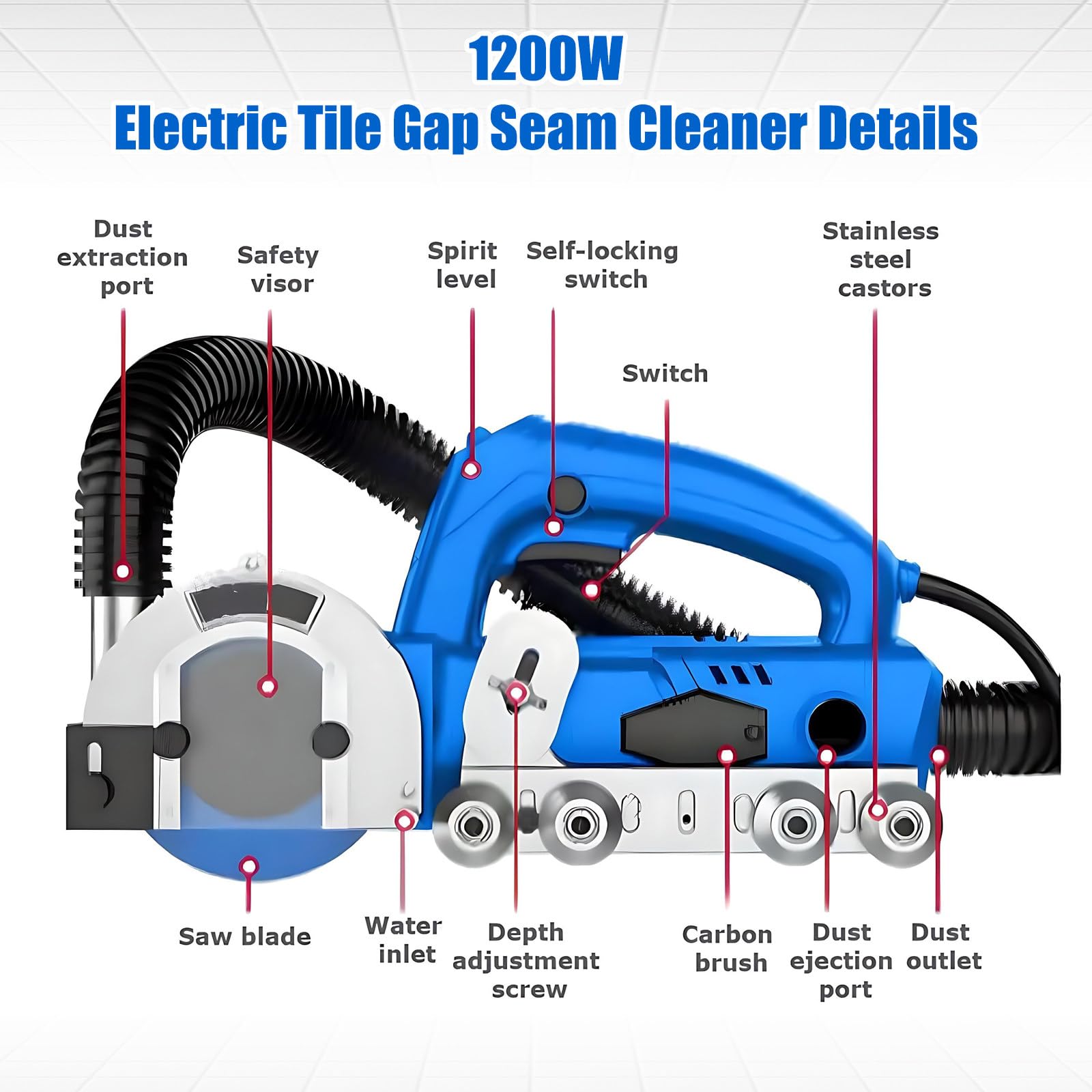 Pulitrice Elettrica per Fughe da 1200 W, Macchina Elettrica per la Pulizia delle Fughe delle Piastrelle, Rimuove la Malta o Pulisce Le Fughe, Le Giunture o Gli Angoli delle Piastrelle.