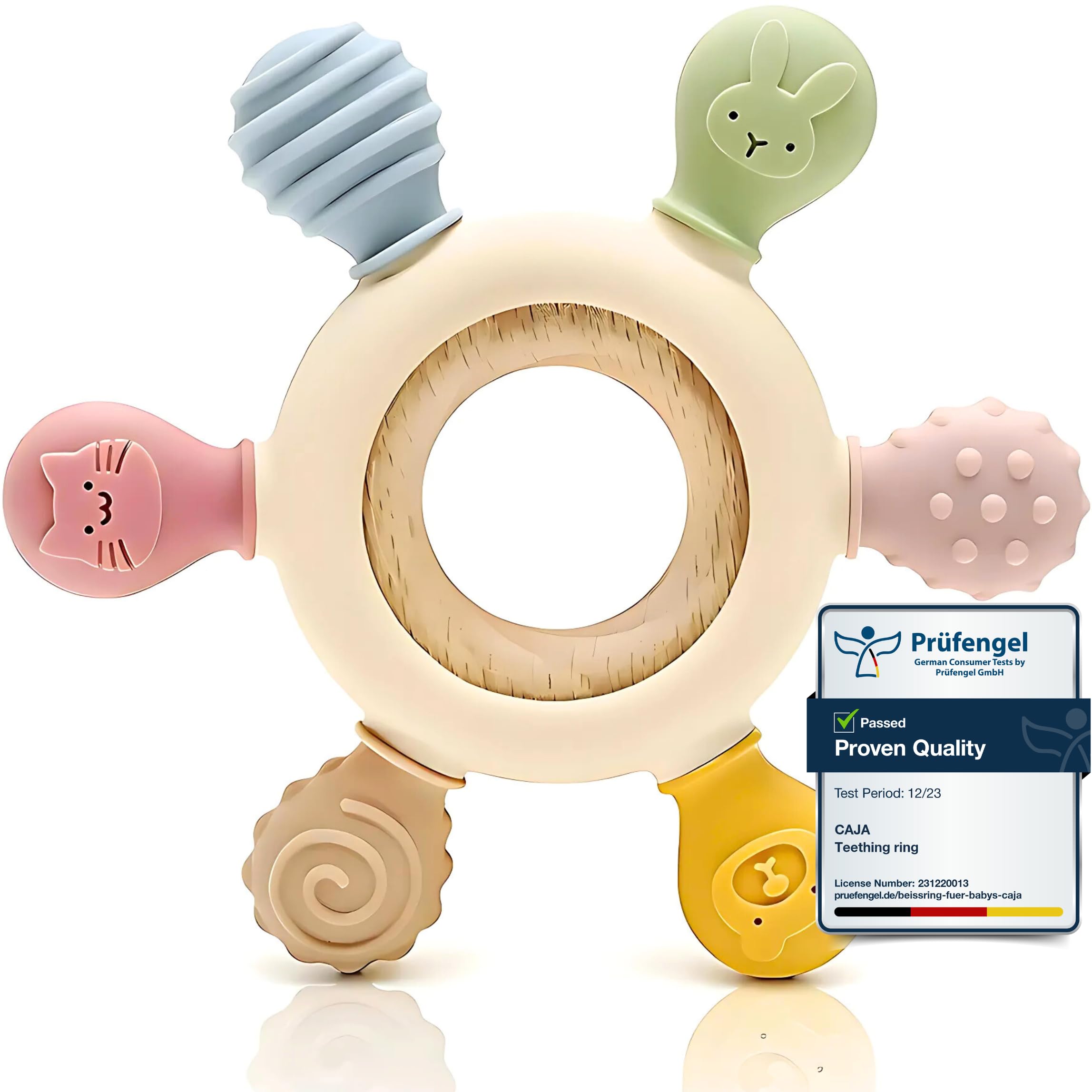 CAJA Massaggia Gengive Anello Dentizione Neonato Silicone Legno Naturale Senza BPA Giocattolo Sicuro Sensoriale Forma Animale Facile da Afferrare Idea Regalo Nascita Bambini