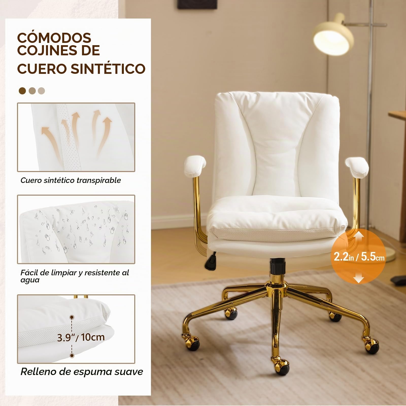 Bonnlo Silla de Escritorio, Silla ergonómica con reposabrazos, Silla ejecutiva, Silla giratoria, Regulable en Altura y Función de Inclinación, Oficina en Casa, Cuero PU, Blanco