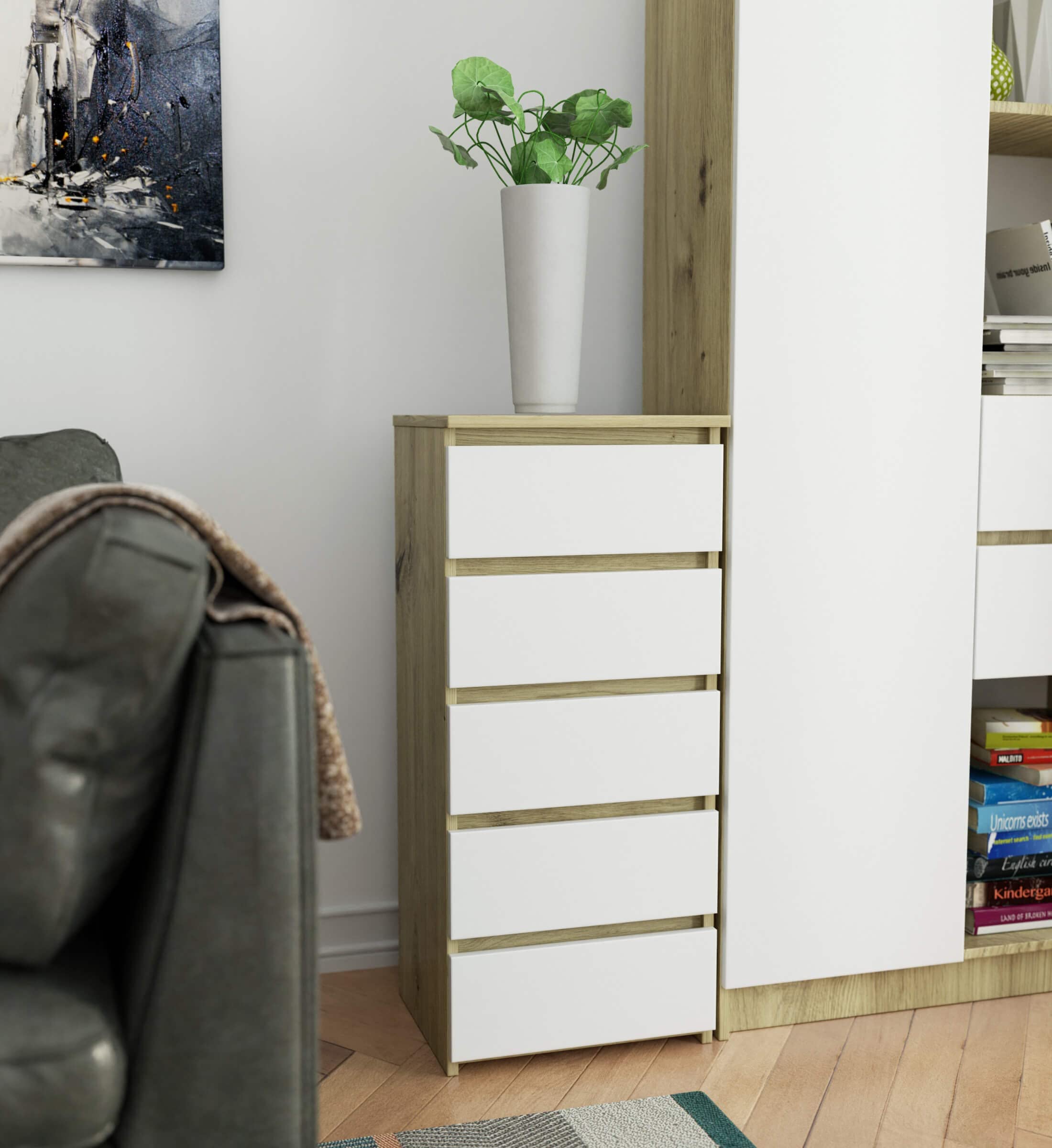 AKORD | Cómoda con 5 cajones | Cómoda Alta | Mueble Moderno para Sala de Estar, Comedor, Dormitorio, Entrada, baño | Armario para habitación Infantil | 35x40x92 cm | Roble Artisan & Blanco Frente