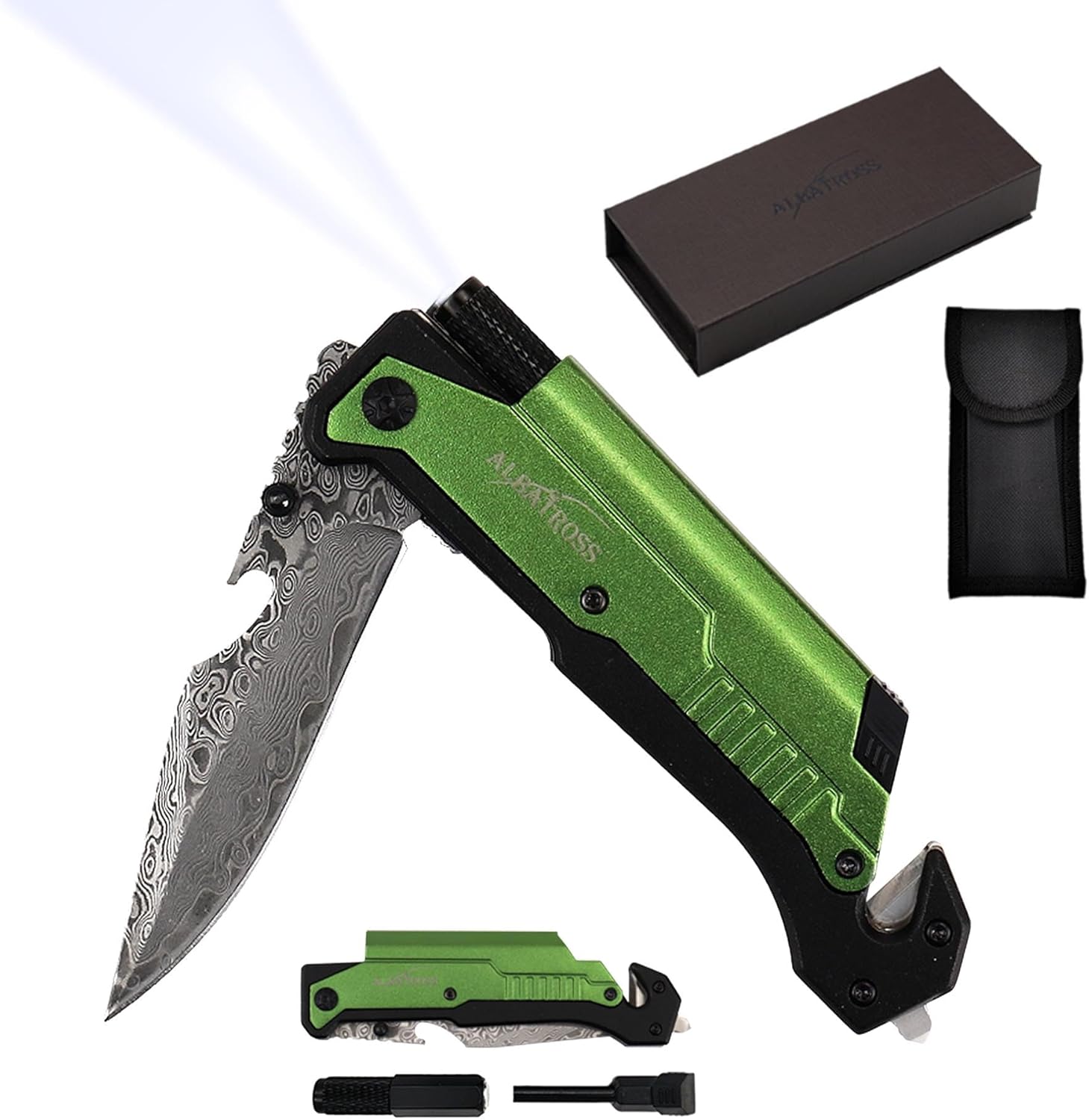 Father's Day, Mother’s Day, Birthday Gift for Him/Her: ALBATROSS 7-in-One Multi-Tool Pocket Knife for Men Women with LED Flashlight, Fire Starter & Glass Breaker, 3.5" Damascus Folding Survival Knife for Camping & Outdoor Emergencies