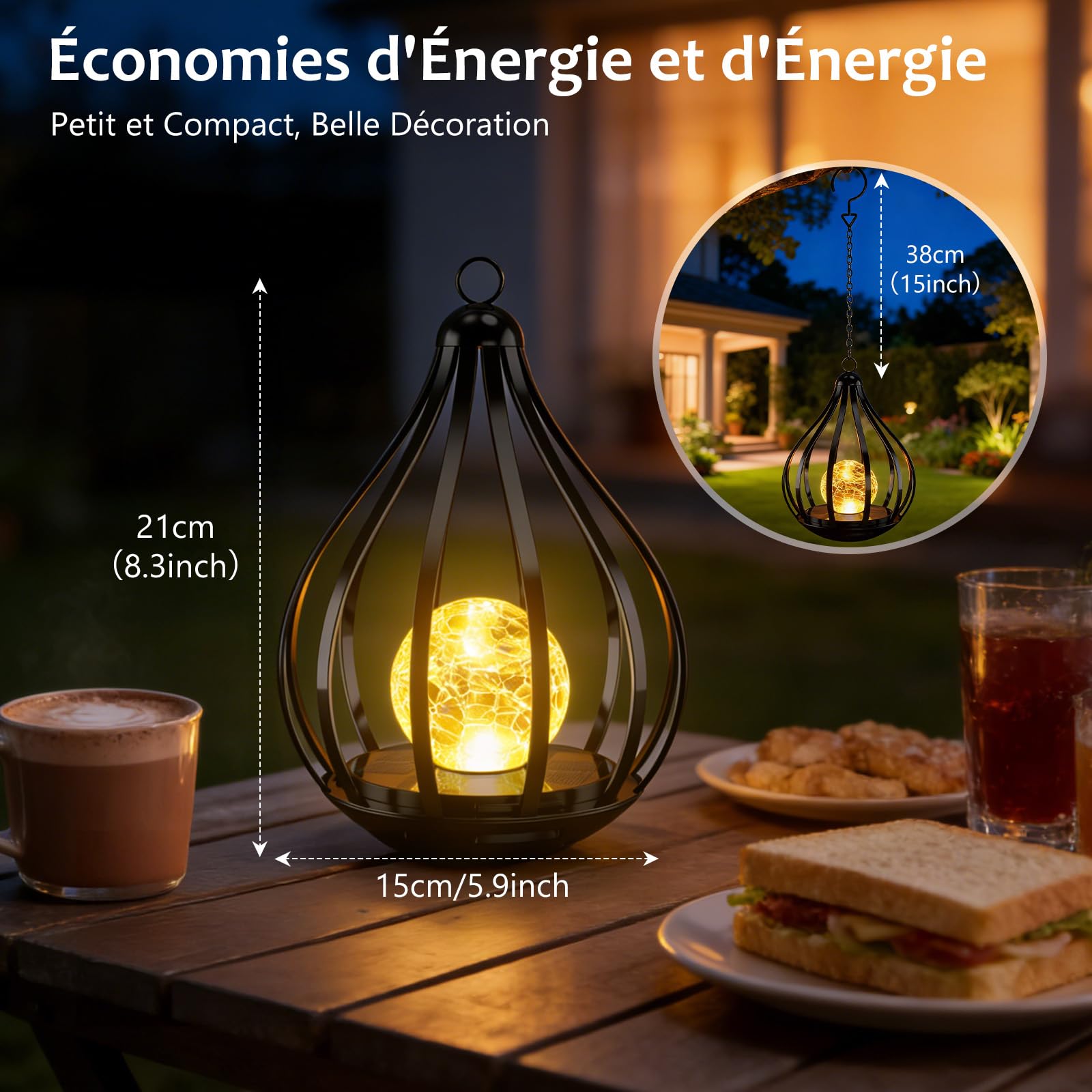 Lanterne Solaire Extérieure avec Sphère Craquelée, IP65 Étanche Lampe Solaire Exterieur pour Décoration Jardin, Suspension ou Pose au Sol Cadeau Idéal pour Terrasse Balcon, 2 Pièces | Lumière Jaune Chaude, Suspensible Ou Posable. Décoration Jardin, Terras
