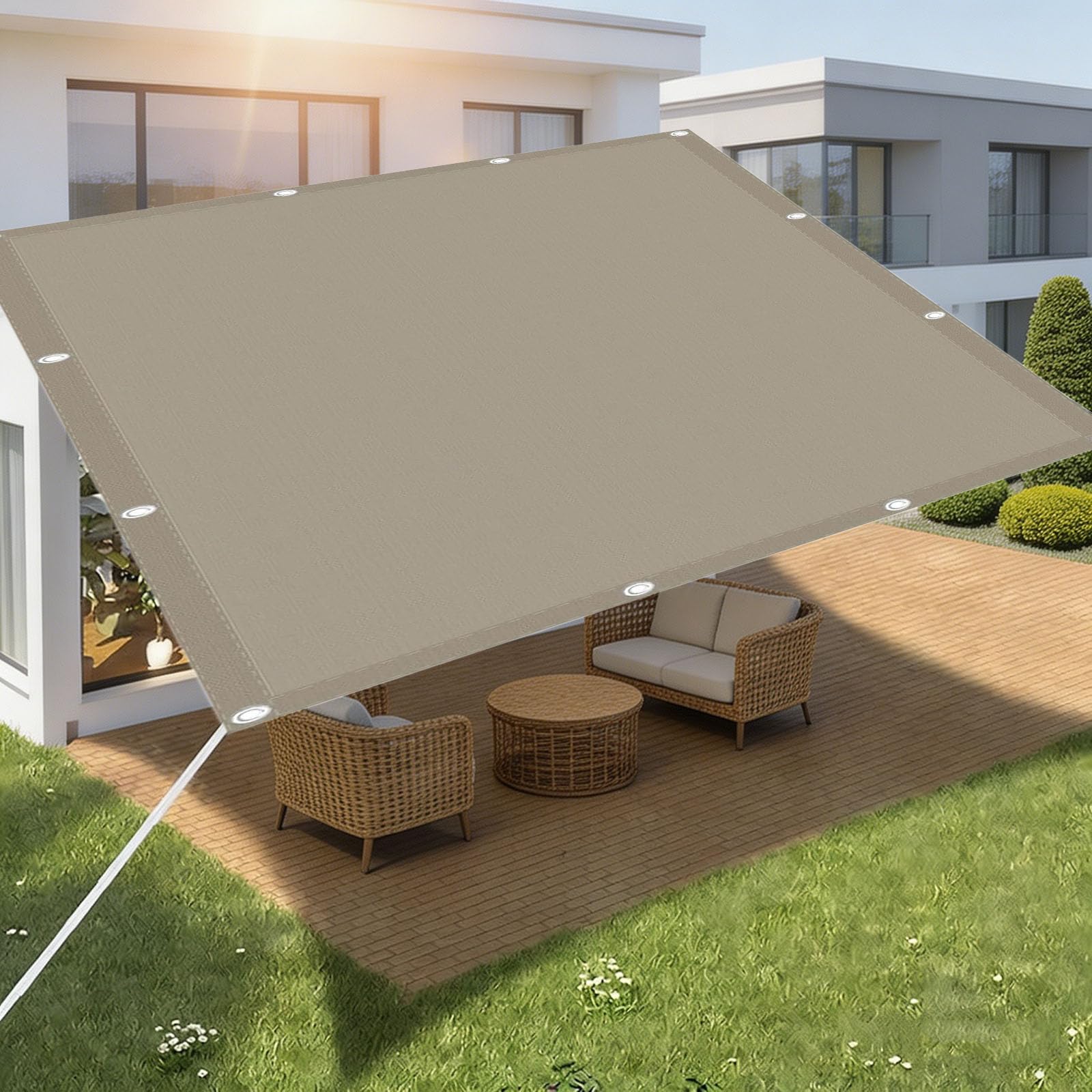 Vela Ombreggiante Impermeabile Rettangolare 220 x 550 cm Protezione Raggi UV 98% Impermeabile Poliestere Antistrappo Robusto e Stabile Tenda a Vela Giardino per Giardino, Cachi