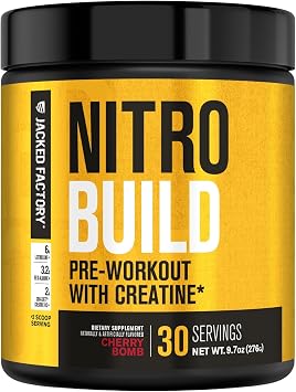 Jacked Factory Nitrosurge Build Pre Workout with Creatine for Muscle Building - Con Cret Creatine Powder & elevATP for Intense Energy, Powerful Pump, Endless Endurance - 30 Servings, Cherry Bomb