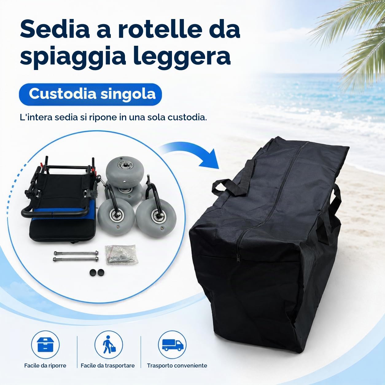 Sedia a Rotelle Della Spiaggia Per Tutta La Terra, Sedia a Rotelle Pieghevole Con Pneumatici a Palloncino Per Sabbia Morbida, Sedia Compatta Con Ruote a Palloncino Per Spiaggia, Erba