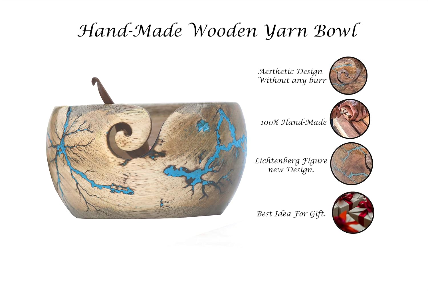 Wooden Yarn Bowl - Knitting Yarn Bowls with Holes Crochet Bowl Holder Handmade Yarn Storage Bowl - Lichtenberg Figure Yarn Bowl (Blue)