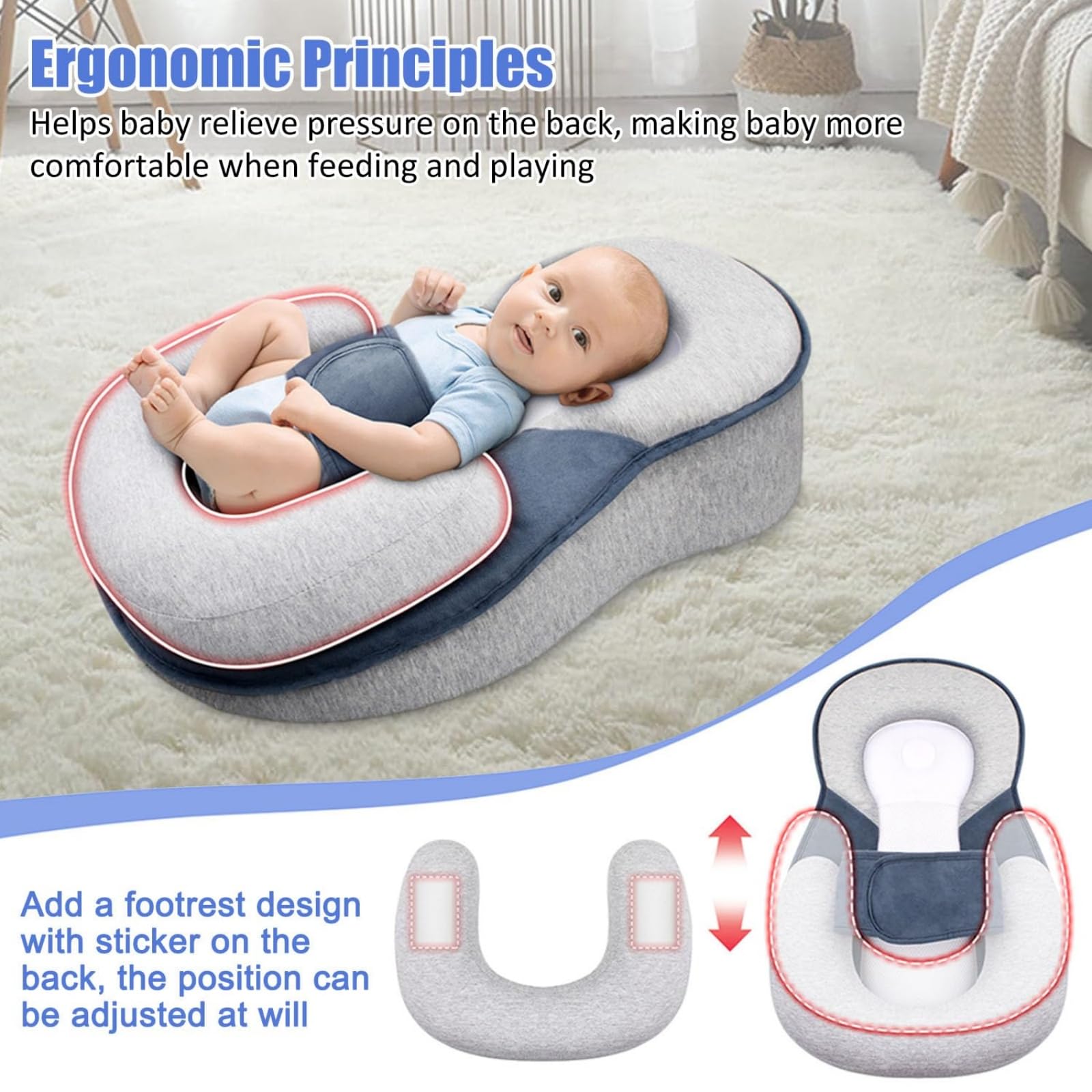 Sillita Portátil para Bebé, Cojín Inclinado para Lactancia con Correa De Seguridad Regulable, Posicionador Suave Lavable para Tomas Y Siestas Diurnas