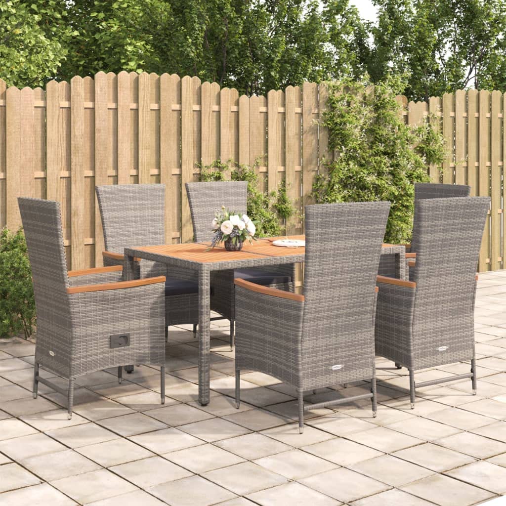 Furniture Select-Juego de comedor de jardín de 7 piezas, ratán de poliéster gris y acacia de madera maciza