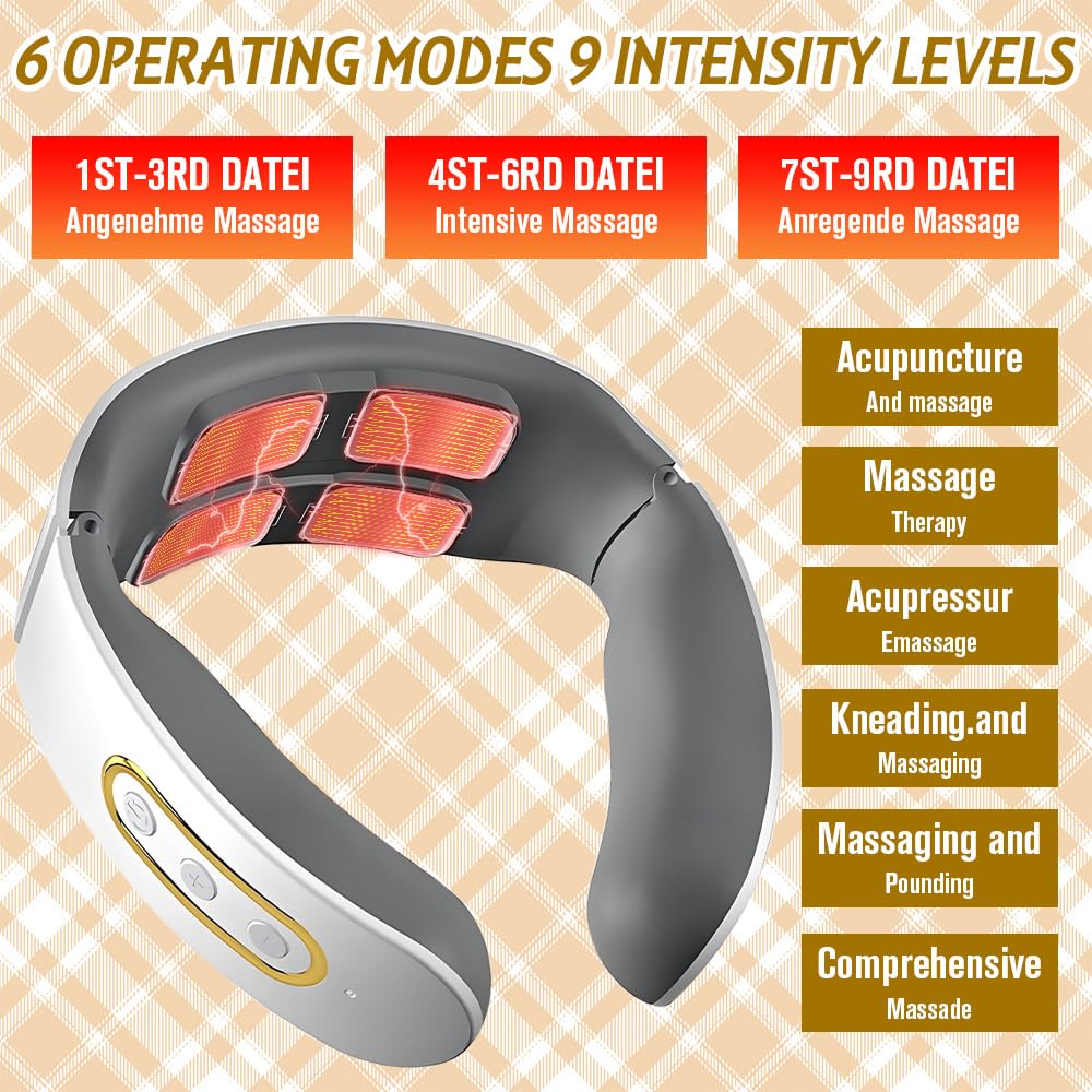 Masajeador Cuello Cervical, Masajeador Eléctrico Portátil con Terapia Calor 42°C, 6 Modos y 9 Niveles de Intensidad Adecuado para Viajes, Familia, Oficina