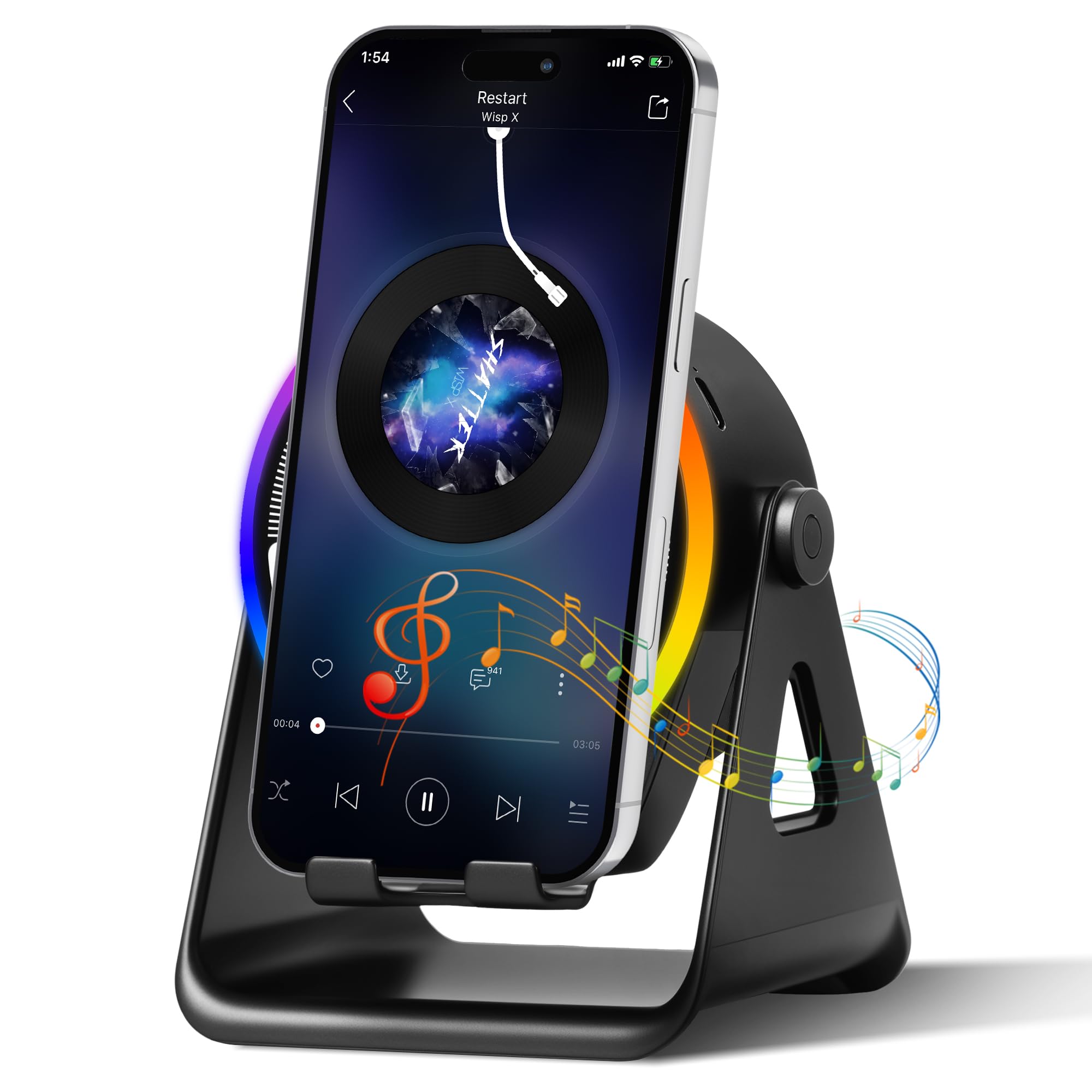 Photo 1 of Cawinii Wireless Induction Bluetooth Speaker, 4-in-1 with 360° Rotating Phone Holder and RGB Ambient Light, High-Definition Surround Sound (Black)