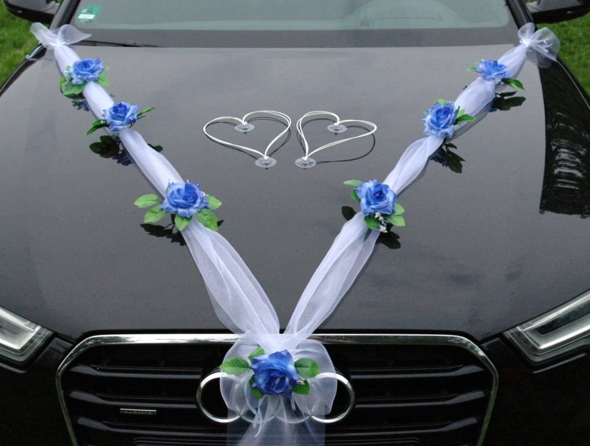 ORGANZA M + HERZEN Braut Paar Rose Deko Dekoration Autoschmuck Hochzeit Car Auto Wedding Deko Ratan Girlande ®Auto-schmuck PKW (Hellblau/Weiß/Weiß) - Image 3