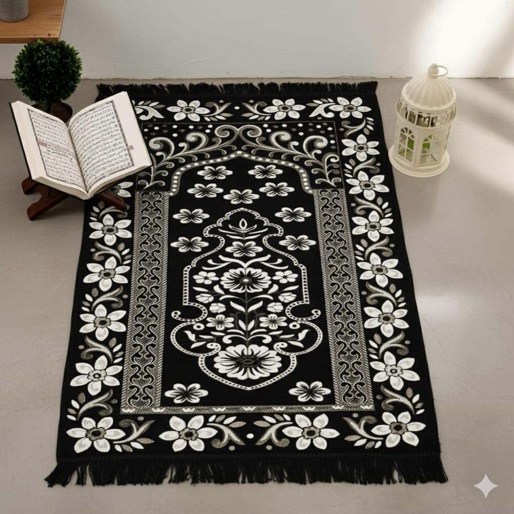 furnishing hut luxurious & elegant chenille janamaz muslim prayer mat 27x50 inches | janamaz/prayermat/meditation mat/islamic mat/mat for namaz/prayermat & rug | reactangular (black)