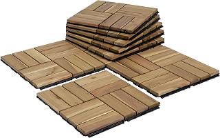 VICTORYRELAX Acacia Wood Interlocking Deck Tiles 9pcs VR White Oak - Waterproof Anti-Slip Patio Balcony Flooring 12x12in