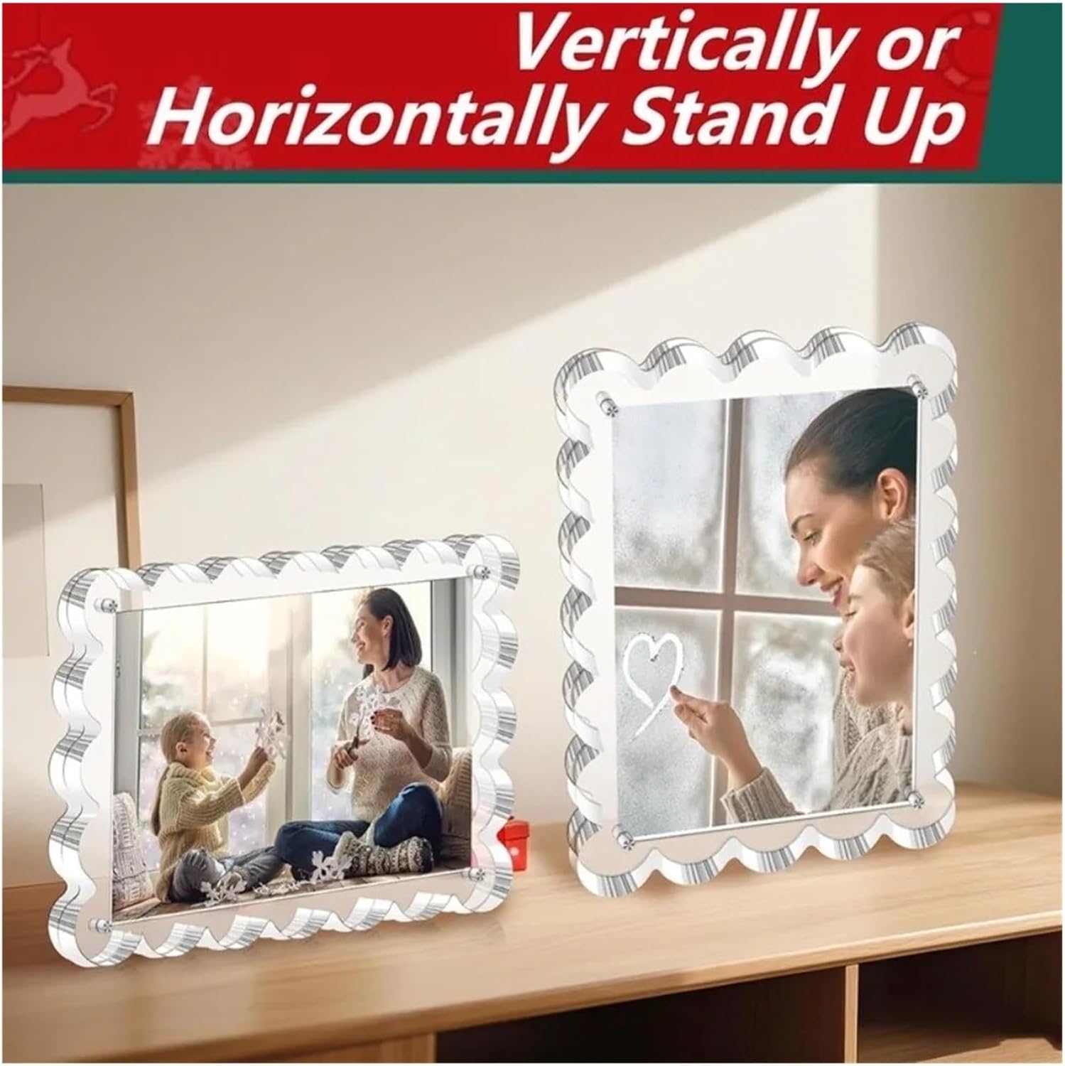 Magnetic Scalloped Photo Frame 4x6 In & 5x7 In evident Thickened Acrylic Freestanding Desk Display For Memorial Pictures(4x6 inches)