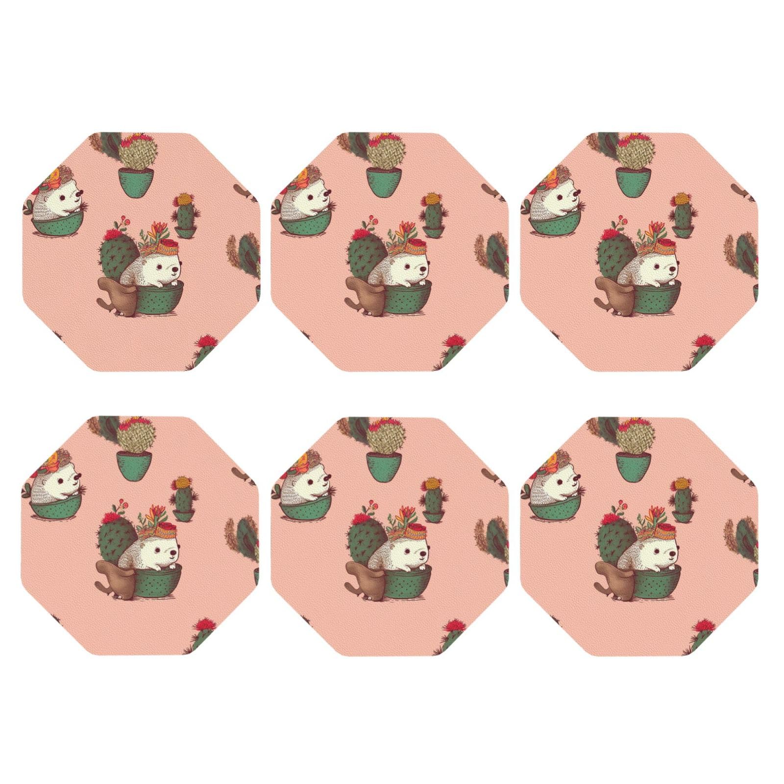 6pcs Leather Coasters for Drinks, Hedgehog and Cactus Drink Coasters for Tabletop Protection, 4" Cup Coasters for Coffee Table Decor, Non-Slip Drinking Cup Mat for Hot Or Cold Drink