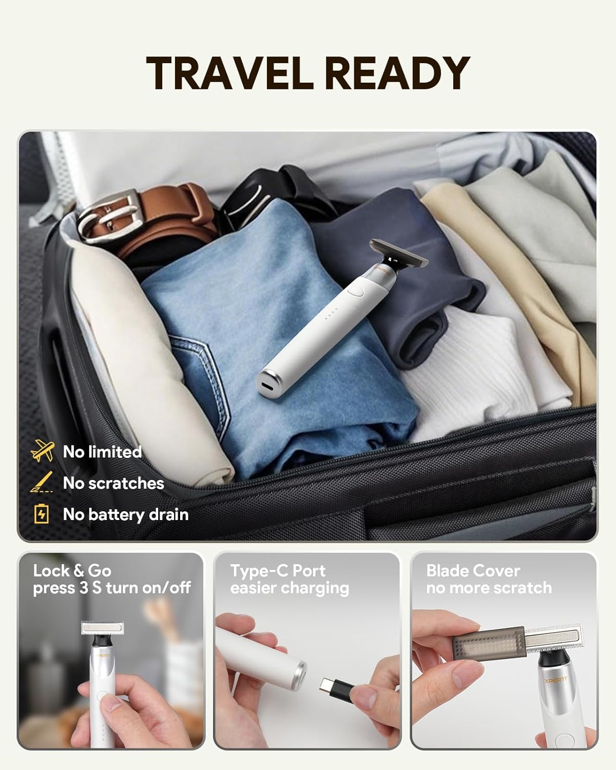 Xpert T Styling Electric Shavers for Face, Beard Trimmer & Body Groomer Kit, Fast Charging Razor with 0.4-9mm Adjustable Comb 2 Body Guards, Portable for Travel Wet/Dry Use Type-C Cordless, White - Image 4