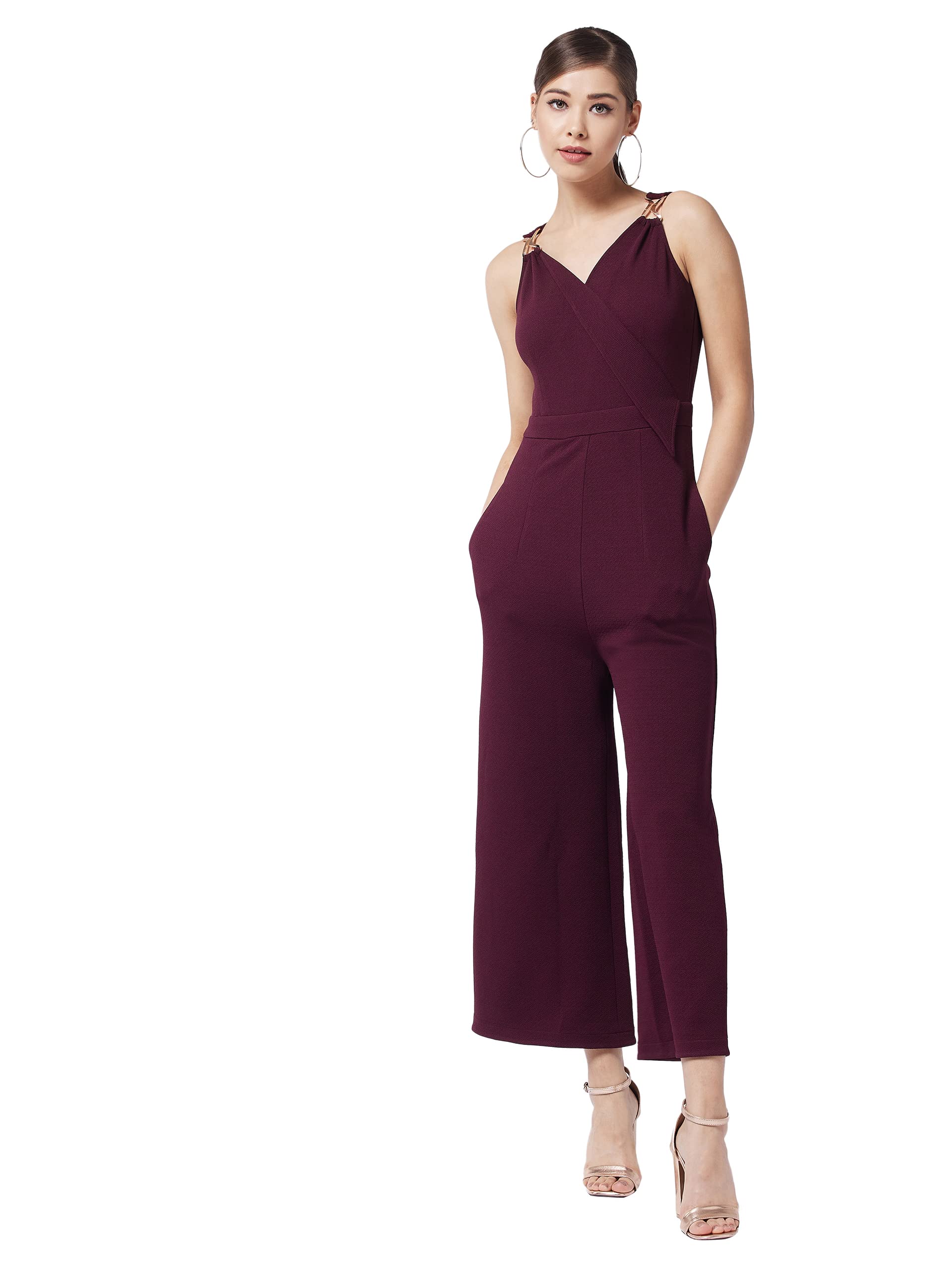 miss chase Women's Wine V-Neck Sleeveless Solid Wrap Regular Jumpsuit-picture-26