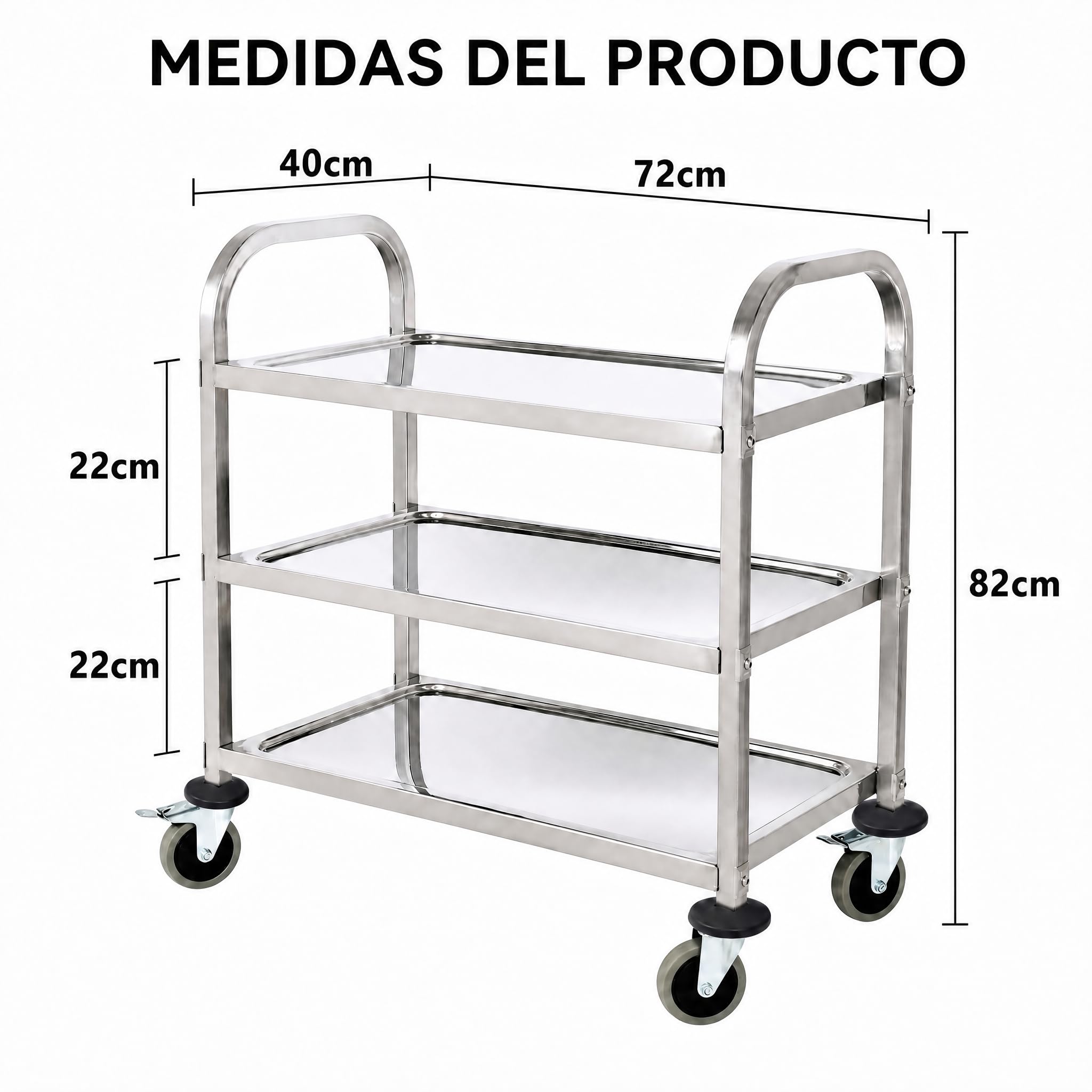 Carrito de Servicio Acero Inoxidable 3 Estantes, 4 Ruedas Giratorias (2 con Freno) (72x40x82 cm, 150 kg) – Carro de Cocina Multifuncional para Restaurante, Laboratorio, Hostelería