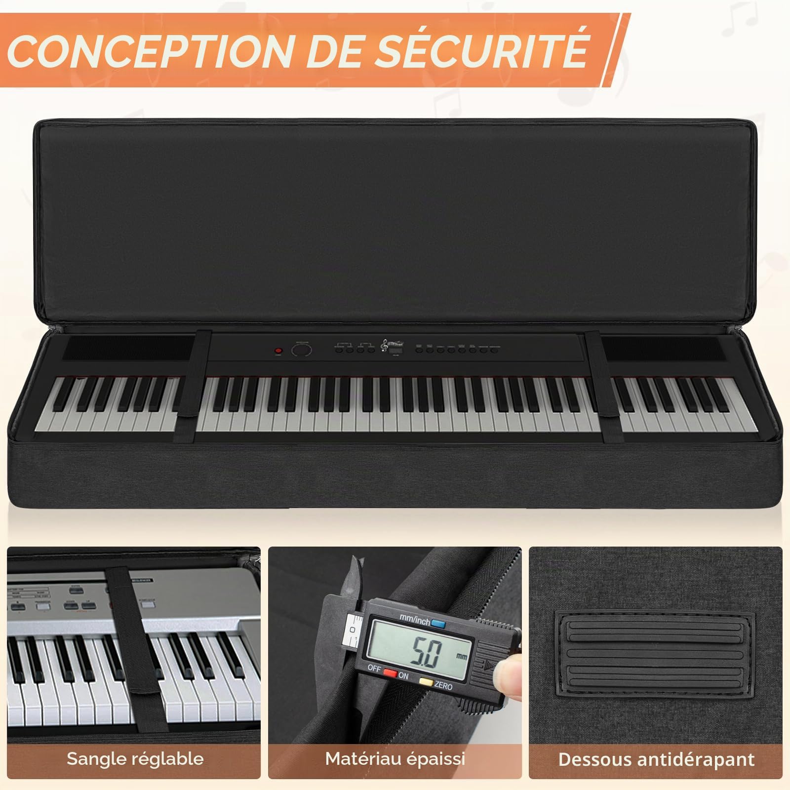 OUUTMEE Housse 88 clavier pour piano électronique, tissu Oxford 600D avec face d'accueil de 10 mm, housse de transport (noir) résistante aux chocs, étanche, quatre coins de protection