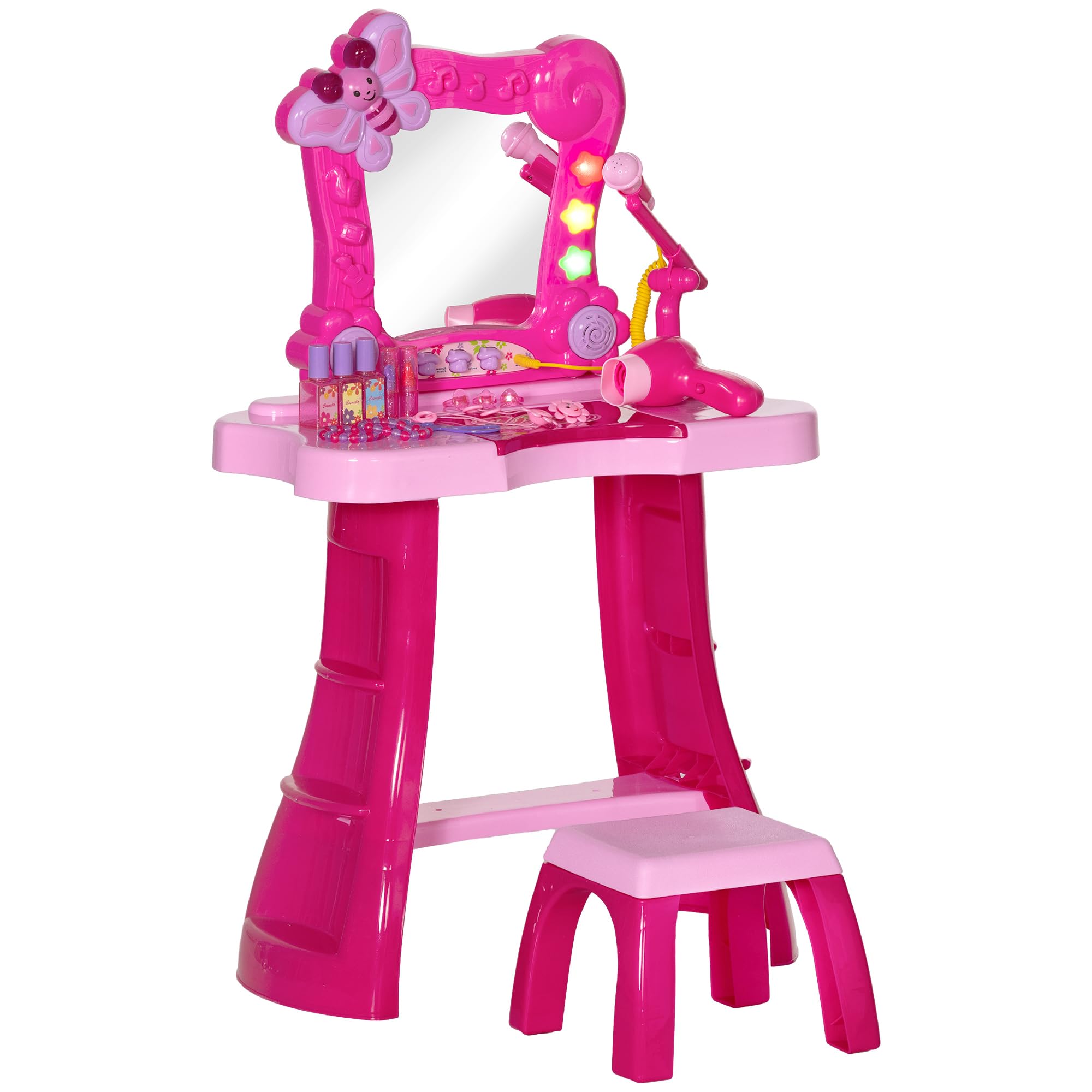 AIYAPLAY Ensemble de Coiffeuse pour Enfants 15 PCS, Table de Maquillage avec Tabouret et Miroir, lumière, Musique, Microphone, sèche-Cheveux, Espace de Rangement, pour Filles de 3 à 6 Ans, Rose