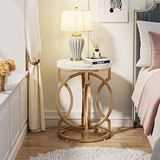 Tribesigns Modern Round End Table, 20-Inch Gold Side Table with Faux Marble White Wood Top and Unique O-Shaped Base, Midcentury Accent Table Nightstand for Living Room, Bedroom