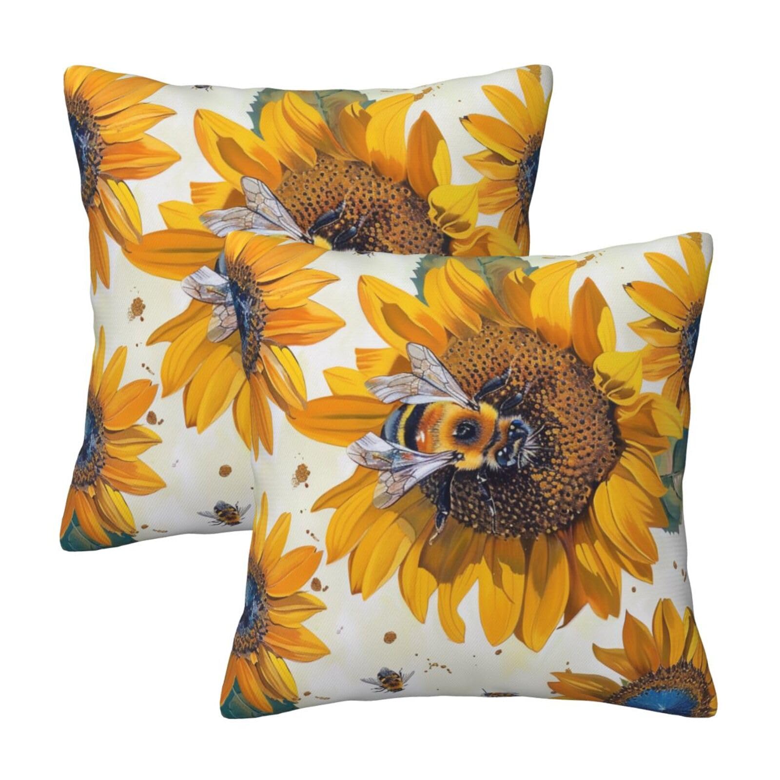 kkvhhyuo Bee on sunflower Print Pillow Covers Set of 2, Square Decorative Cushion Covers with Hidden Zipper, Throw Pillow Cases for Living Room Sofa Bed Chair, 50x50 cm