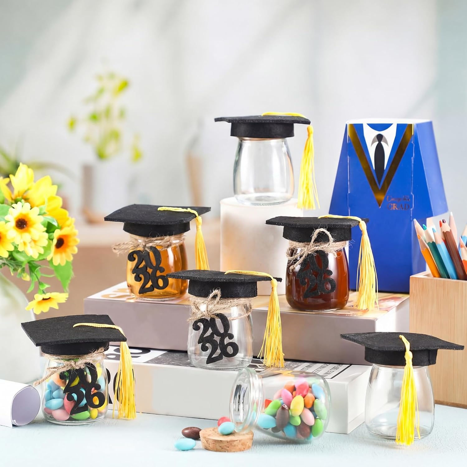 36 Sets Graduation Candy Jars Bulk 2026 Graduation Cap Gift with Pudding Glass Jars and Tassel Felt Grad Cap Felt 2026 Number Kit for Graduate Wishes Party Favors Decoration Supplies