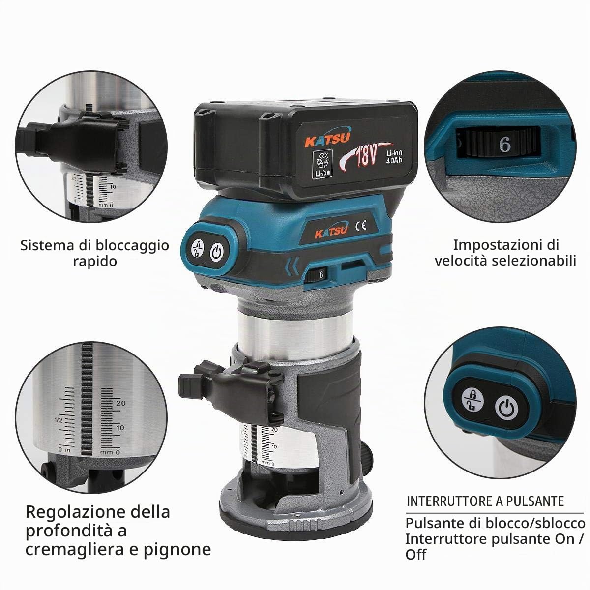 KATSU Set di Rifilatore Fresatrice Verticale per Legno a Batteria 18V con 3 Basi + 3 Pinze da 6mm, 8mm e 10mm + Batteria da 4,0Ah e Caricabatterie