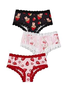 WDIRARA Women's 3 Piece Cartoon Print Lace Trim Panties Set
