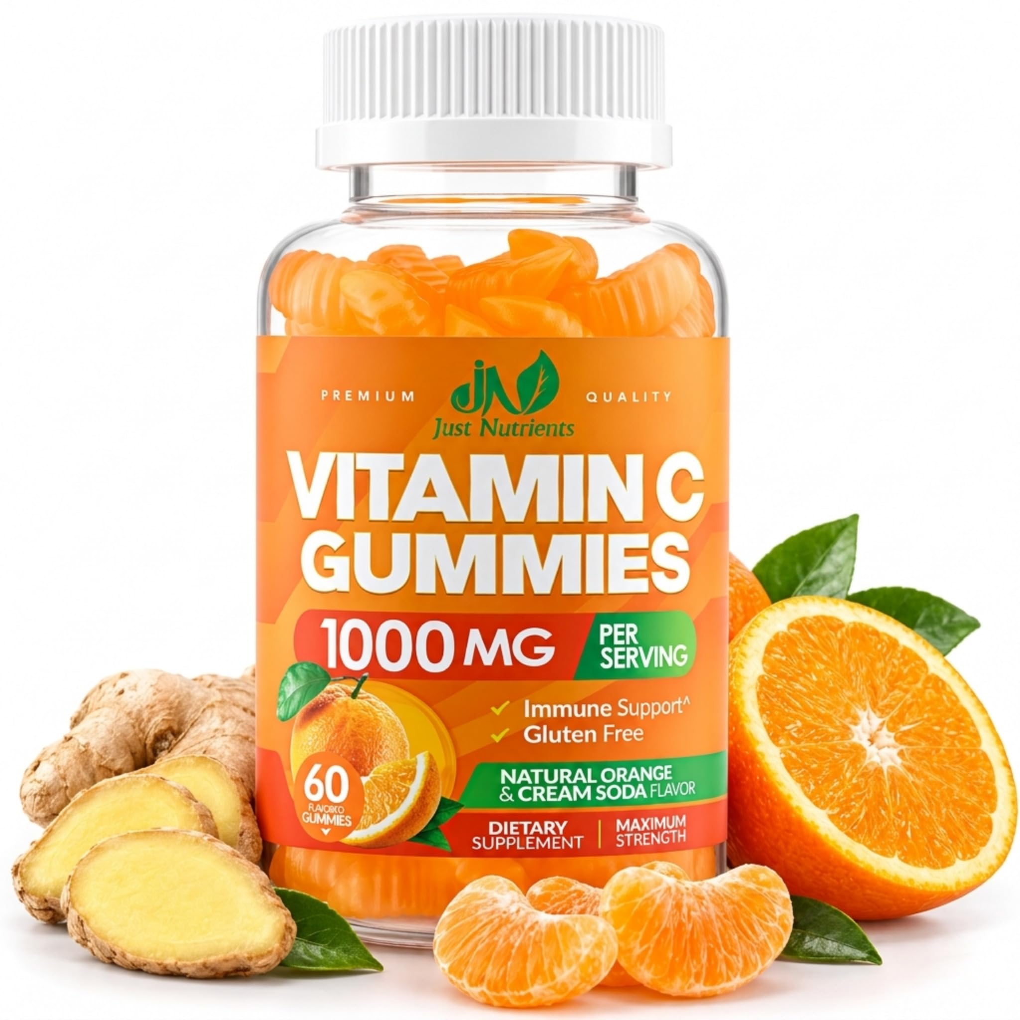 Vitamin C Gummis 1000mg für Erwachsene & Kinder – Kaubares Multivitamin mit Zink für Immunsystem & Collagen Unterstützung für Haut – Orange Flavor – Glutenfrei, Non-GMO, Vegetarisch – 60 Gummi