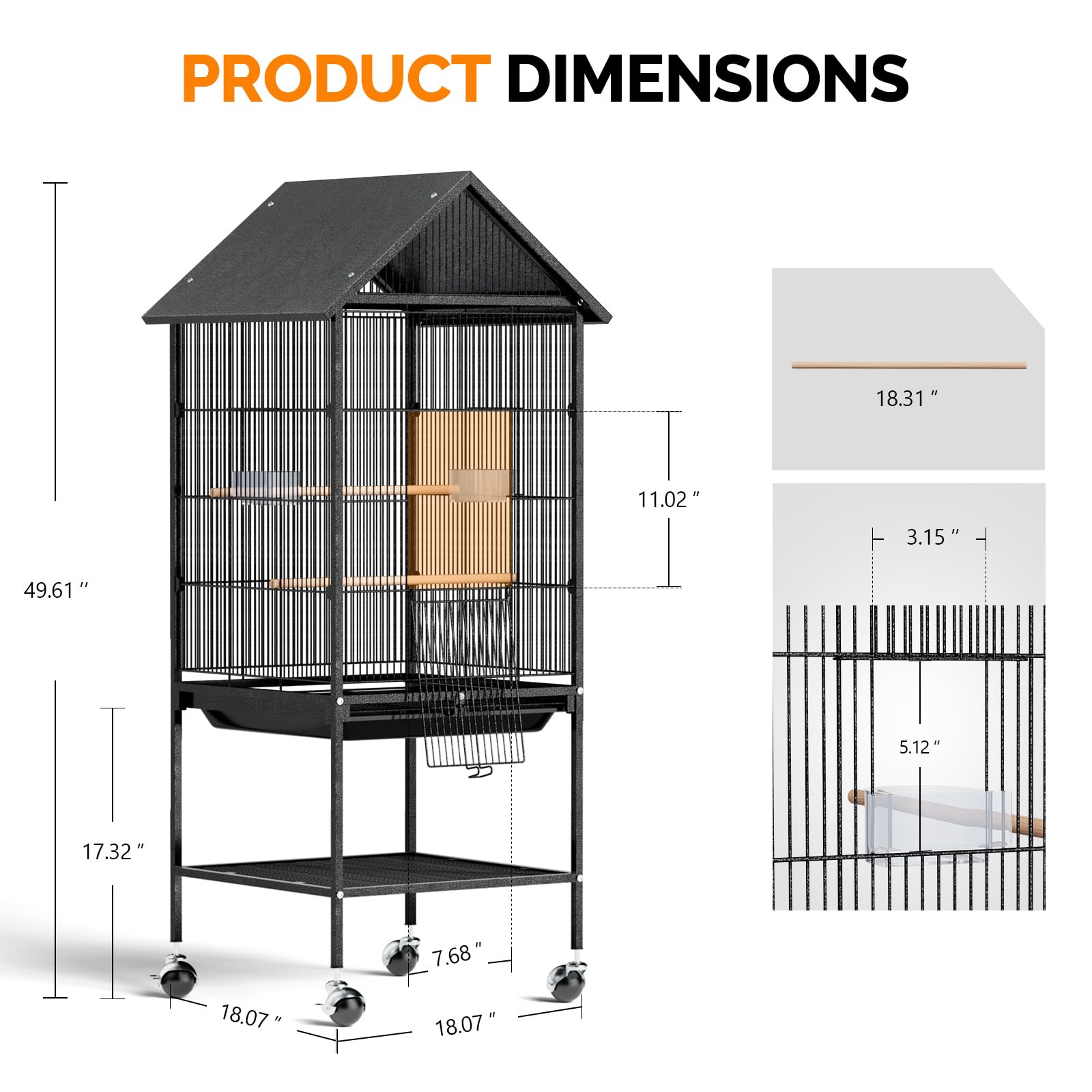 VINGLI Bird Cage with Rolling Stand for Parrots, Cockatiels, Budgies, Lovebirds, Small/Medium Birds (50" H with Spire Roof) - image 6