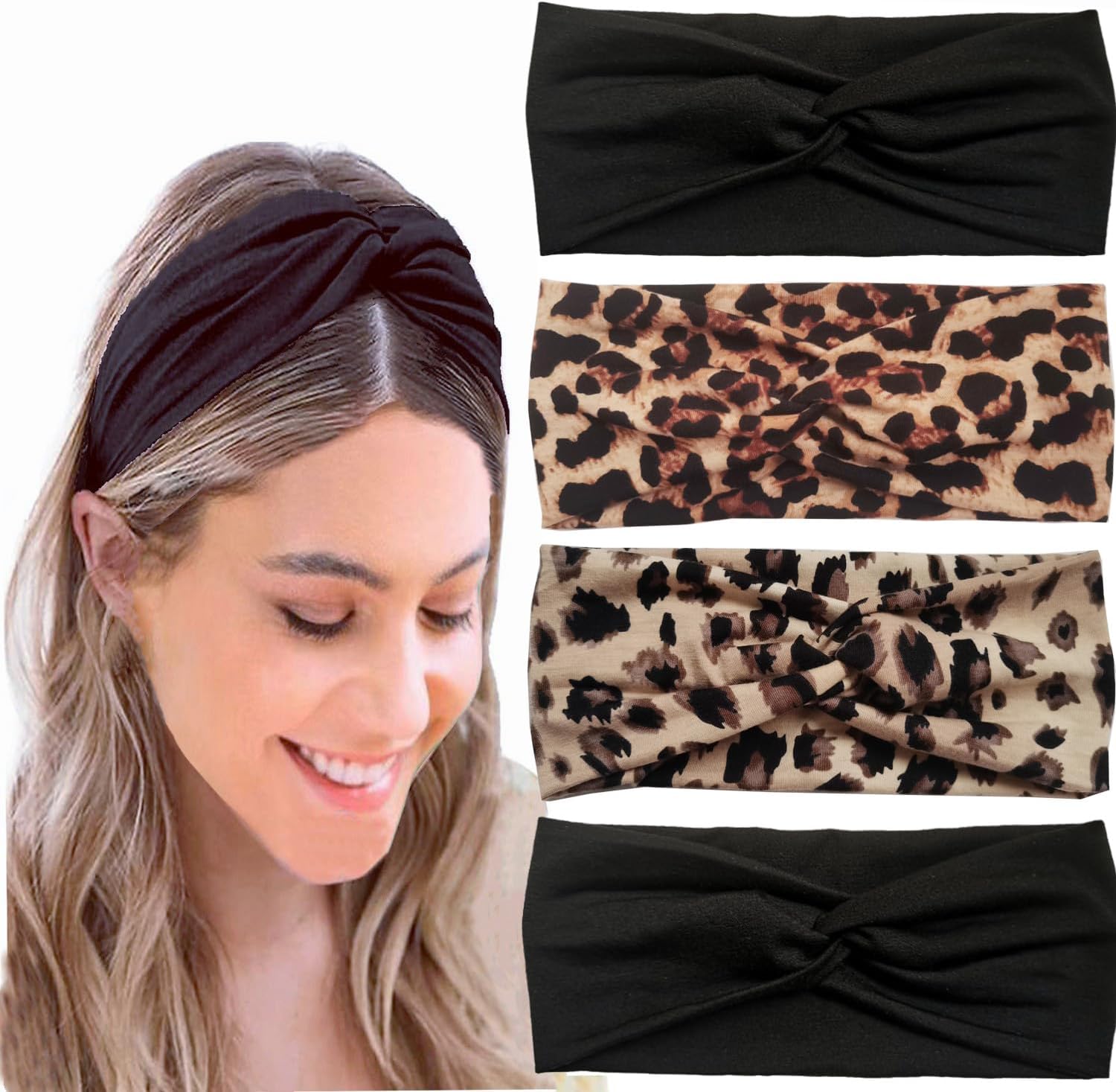 Hjiaruiky 4Pcs Turban Headbands for Women Boho Stretchy Fashion Headbands Fabric Twist Knotted Cloth Cute Thick Headband Head Wraps for Womens Girls Yoga Black Leopard