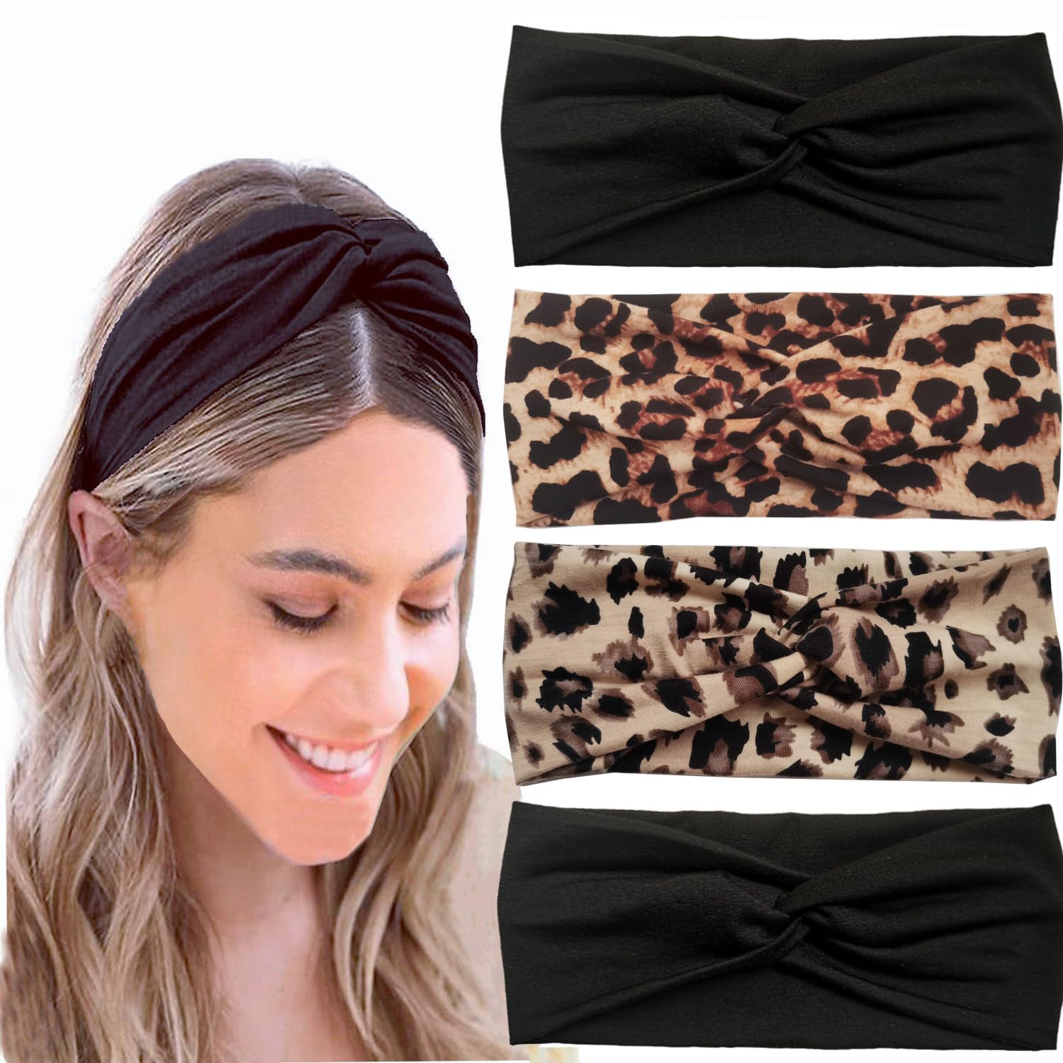 Hjiaruiky 4Pcs Turban Headbands for Women Boho Stretchy Fashion Headbands Fabric