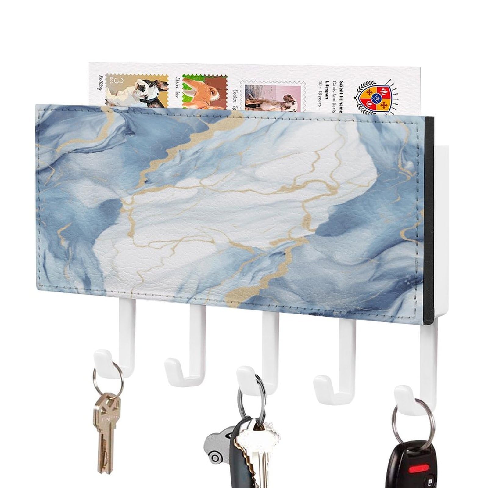 FekiLoot White Blue Marble Key Holder Wall Mount Key and Mail Holder Key Hanger with 5 Hooks Decorative PU Key Rack Hanging Key Hooks for Wall Living Room Kitchen Bathroom Hallway White-Style