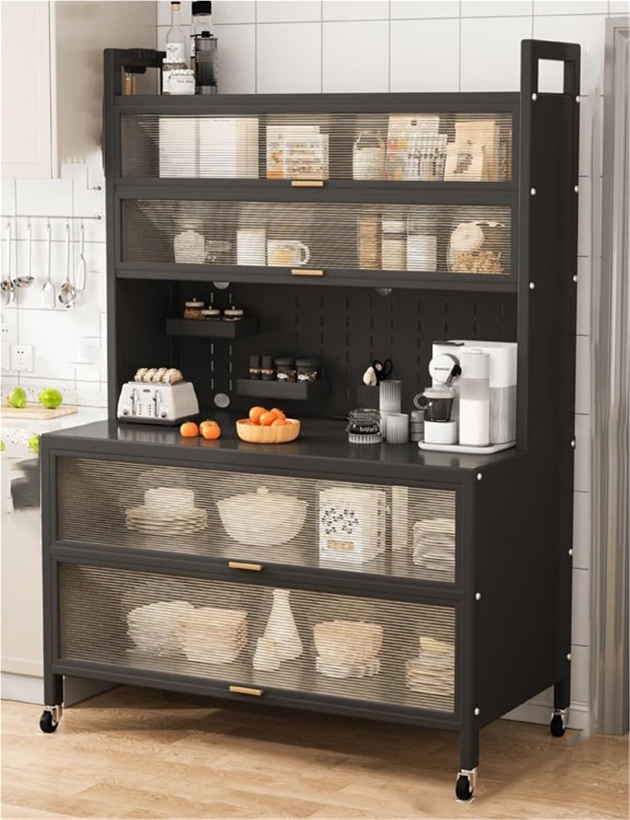Armoire de rangement à 6 niveaux avec porte battante en métal pour micro-ondes, bar à café pour casseroles et poêles – Noir 100 cm