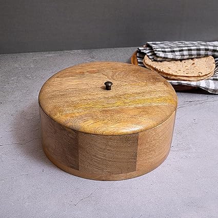 KOMAL TEXTILES Wood Chapati Box, Wooden Hot Pot Roti Dabba with Lid, Roti Storage Server Basket, Container for Kitchen Mango Wood Roti Box, 9.25'', Brown