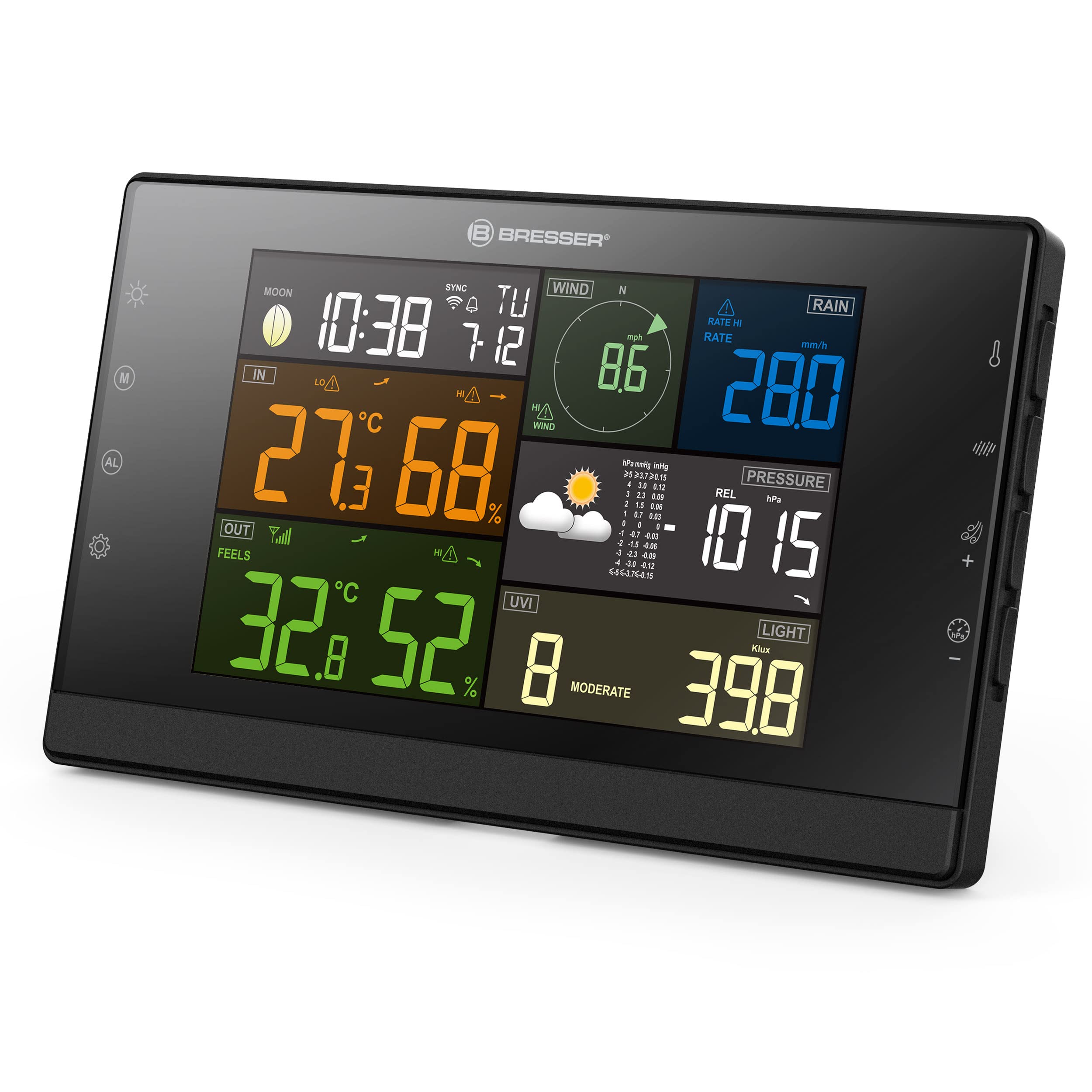 Bresser Wetterstation Funk mit Außensensor - WLAN-Wettercenter Profi-WSC mit 7-in-1-Sensor inkl. batterieunterstützendem Solarpanel, Wind- und Regenmesser, schwarz