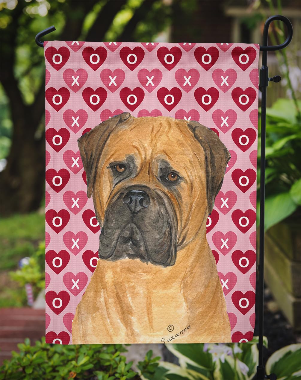 Caroline's Treasures SS4517GF Bullmastiff serca miłość i walentynki portret ogród flaga skrzynka pocztowa flaga dekoracyjna flaga podwórko baner na zewnątrz patio grafika podwórko rabaty kwiatowe,